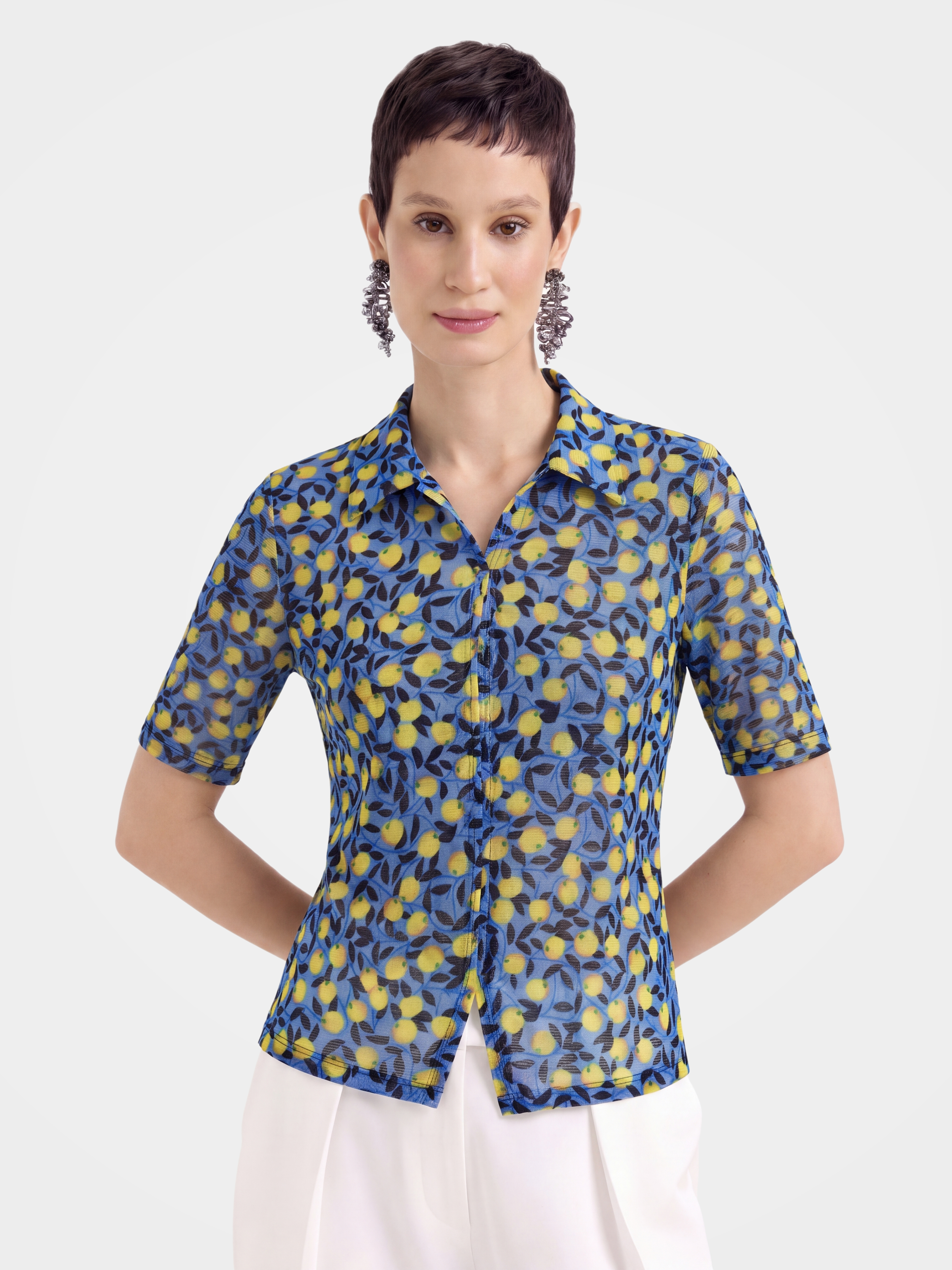 Breathable Lemon Printed Collar 100% Mulberry Silk Blouse