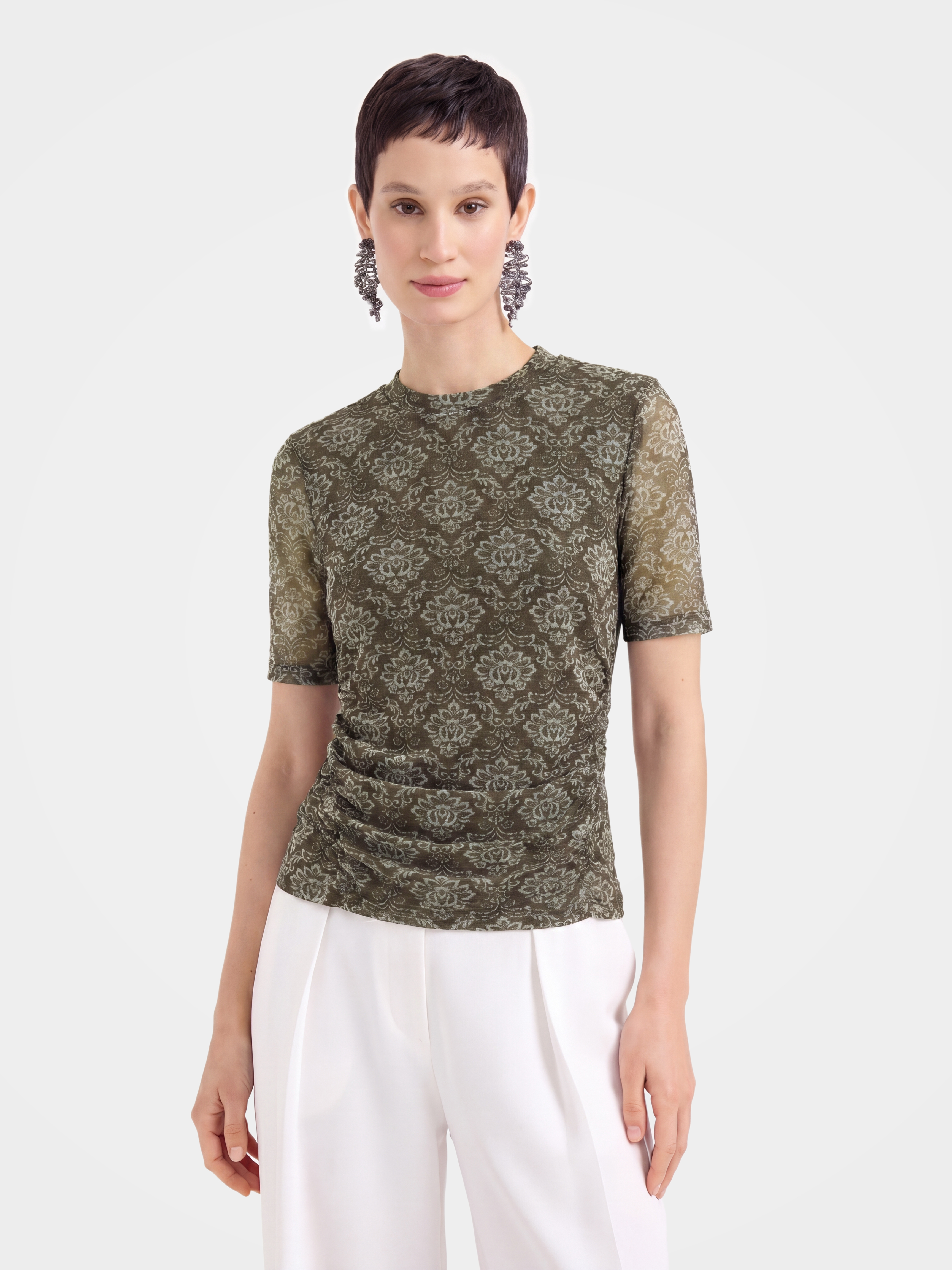 Breathable Vintage Printed Crew Neck 100% Mulberry Silk Top