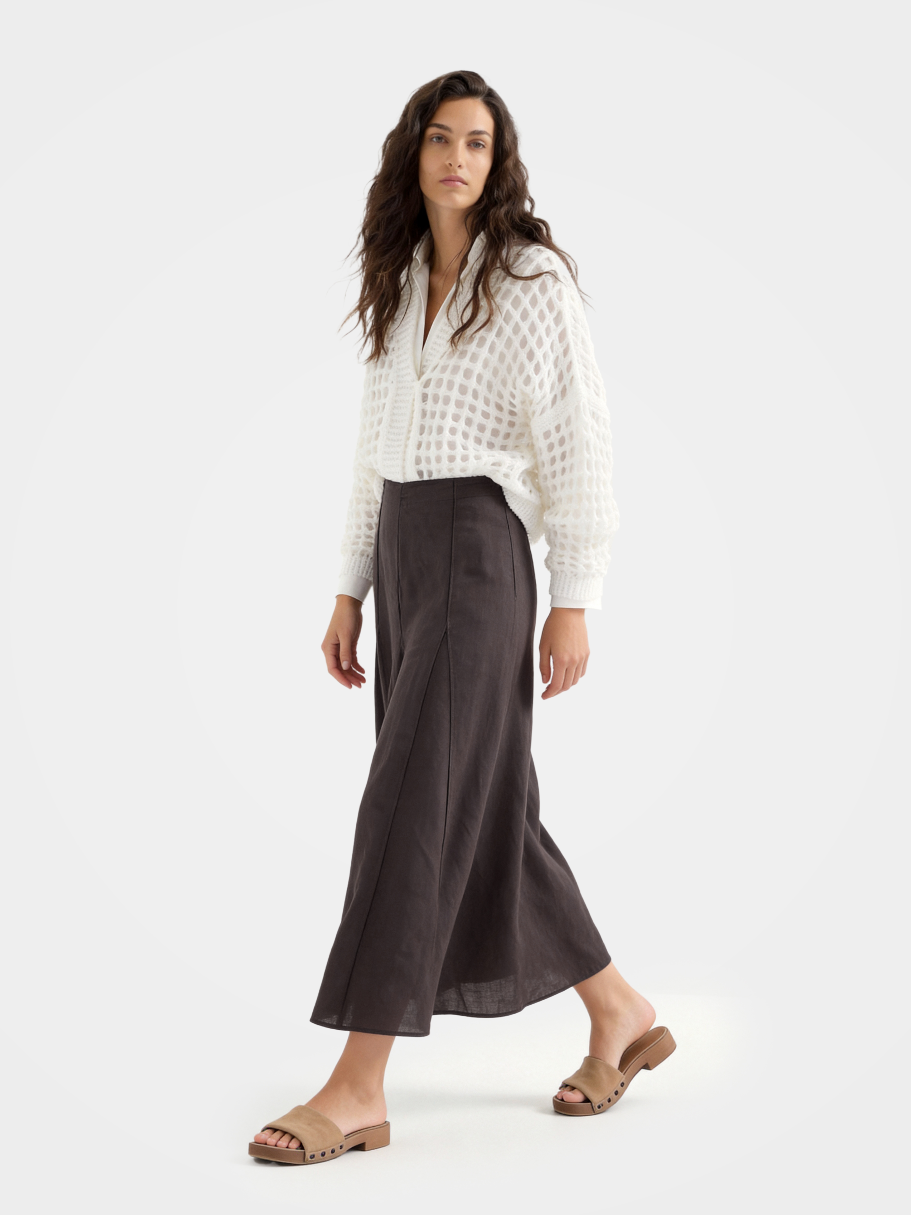 Brown Linen Classic Midi Skirt
