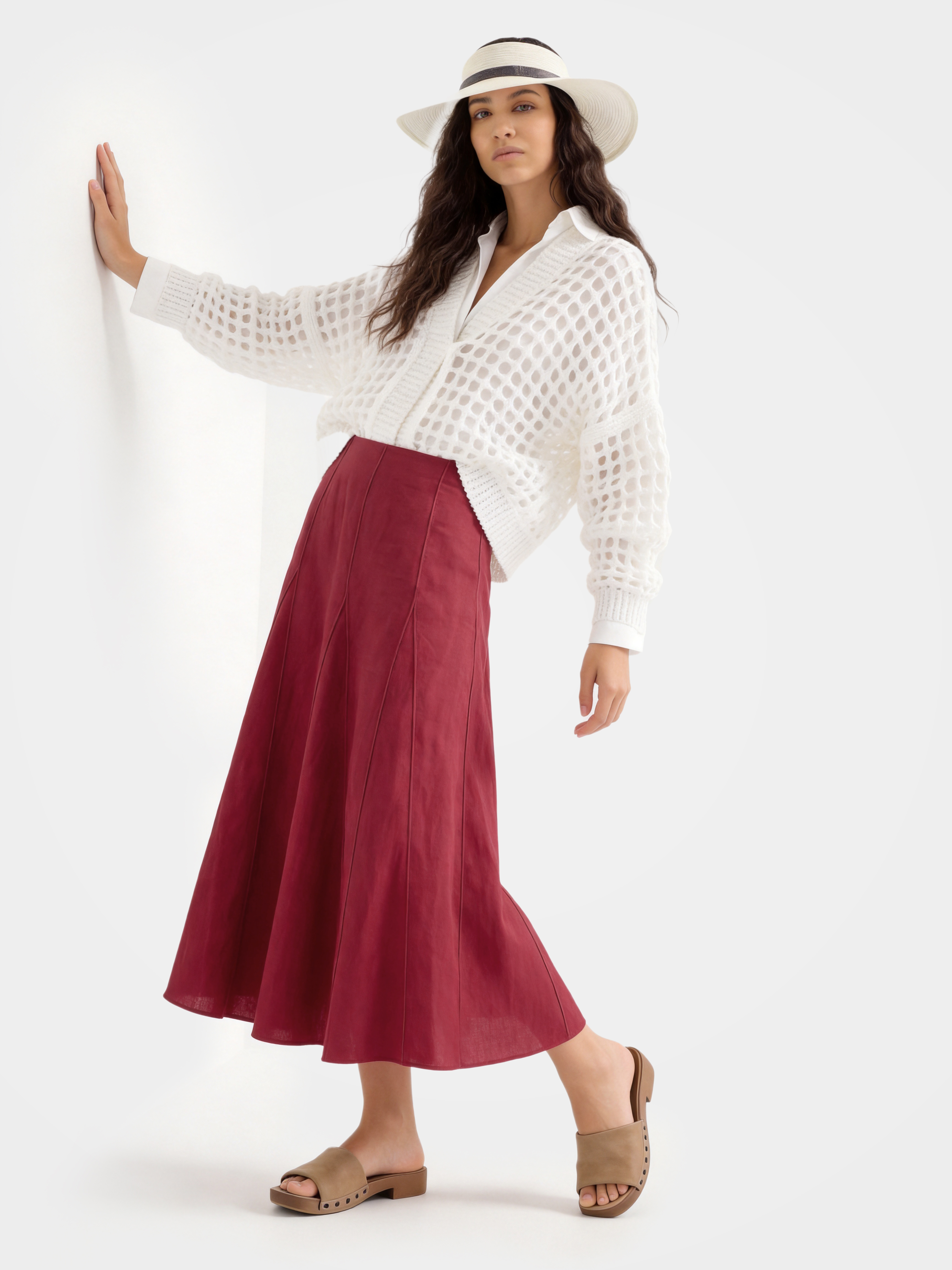 Red Linen Classic Midi Skirt