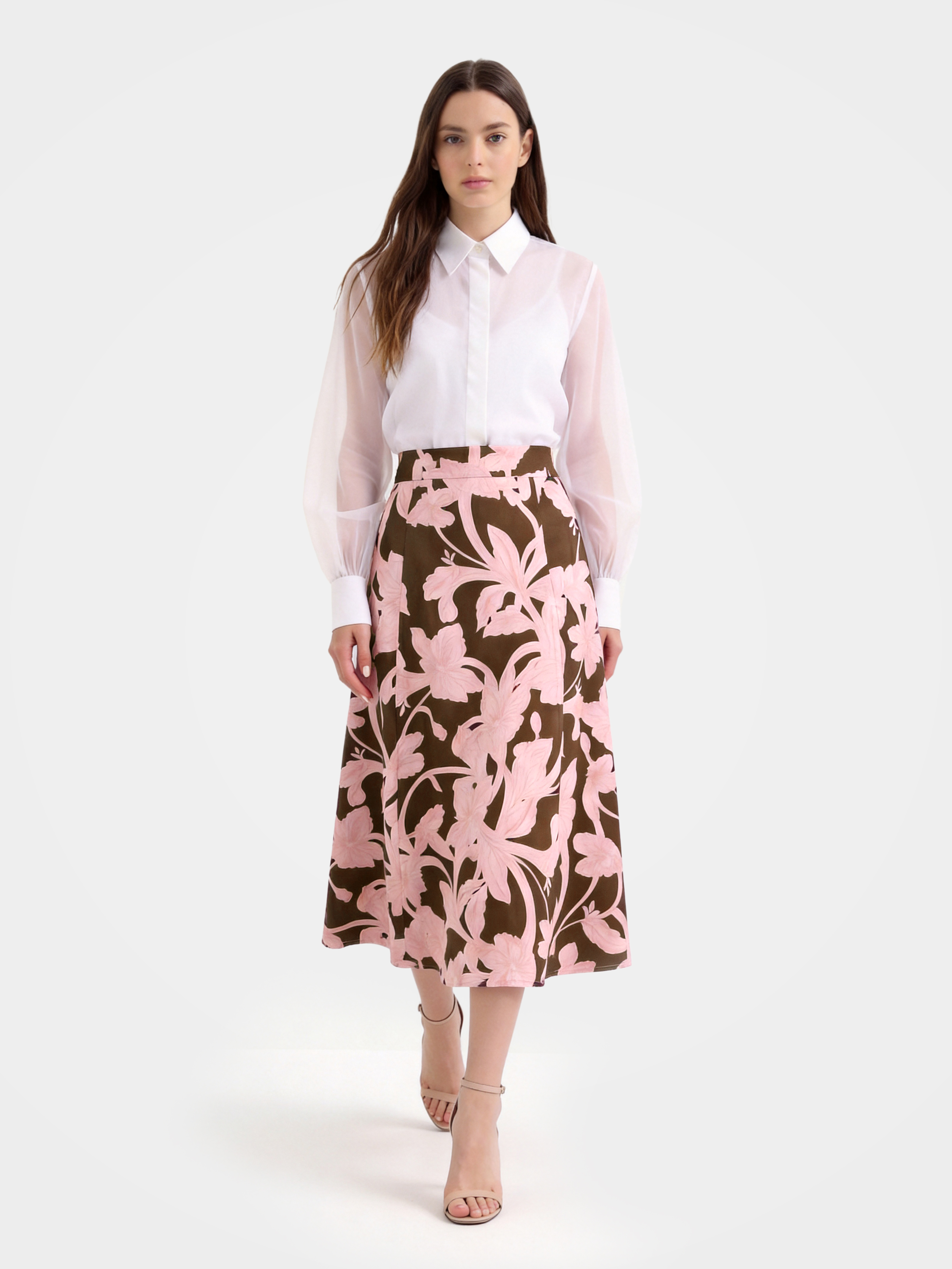 Brown Mulberry Silk Floral Printed Midi Skirt