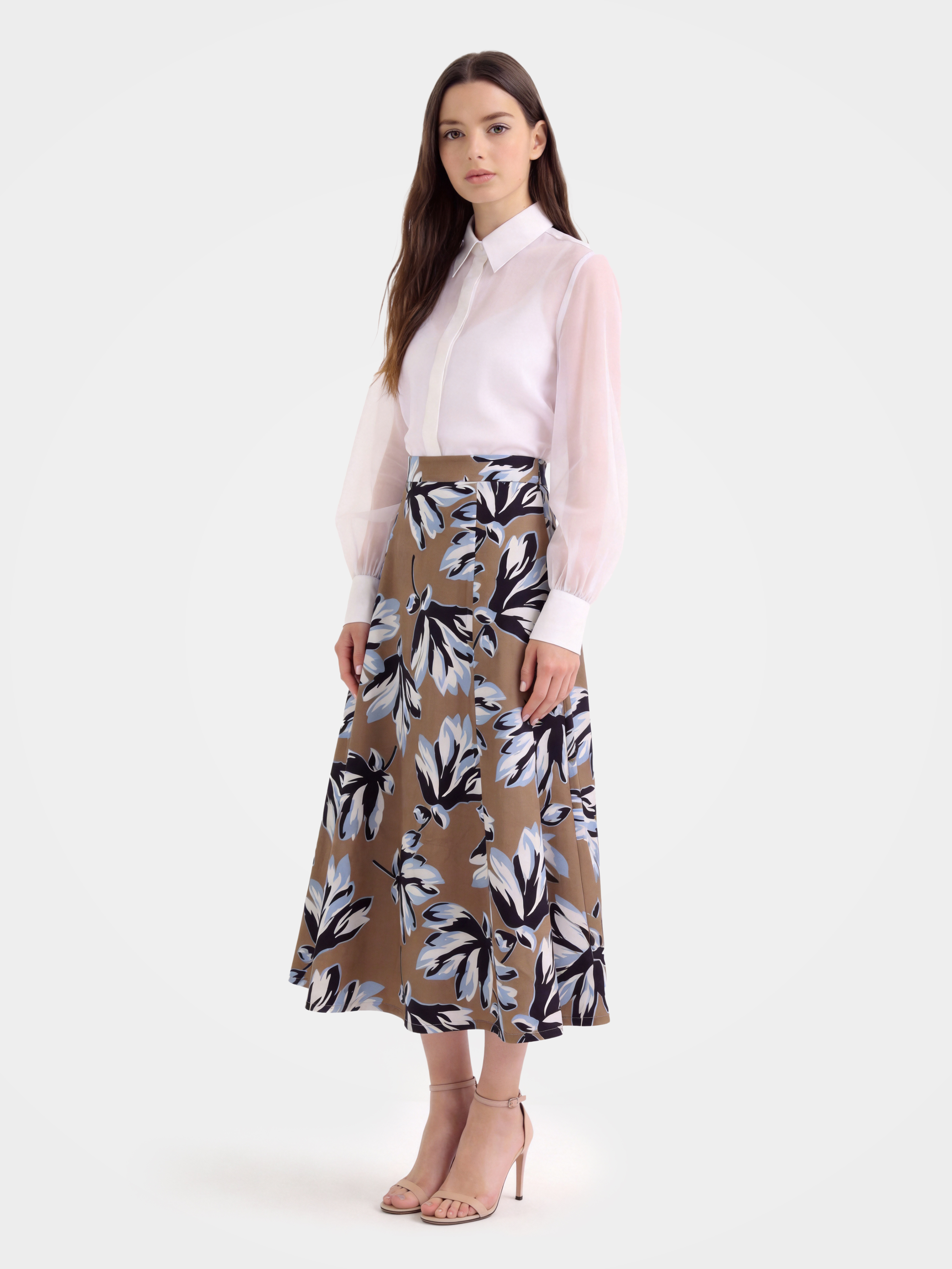 Brown Mulberry Silk Floral Printed Midi Skirt