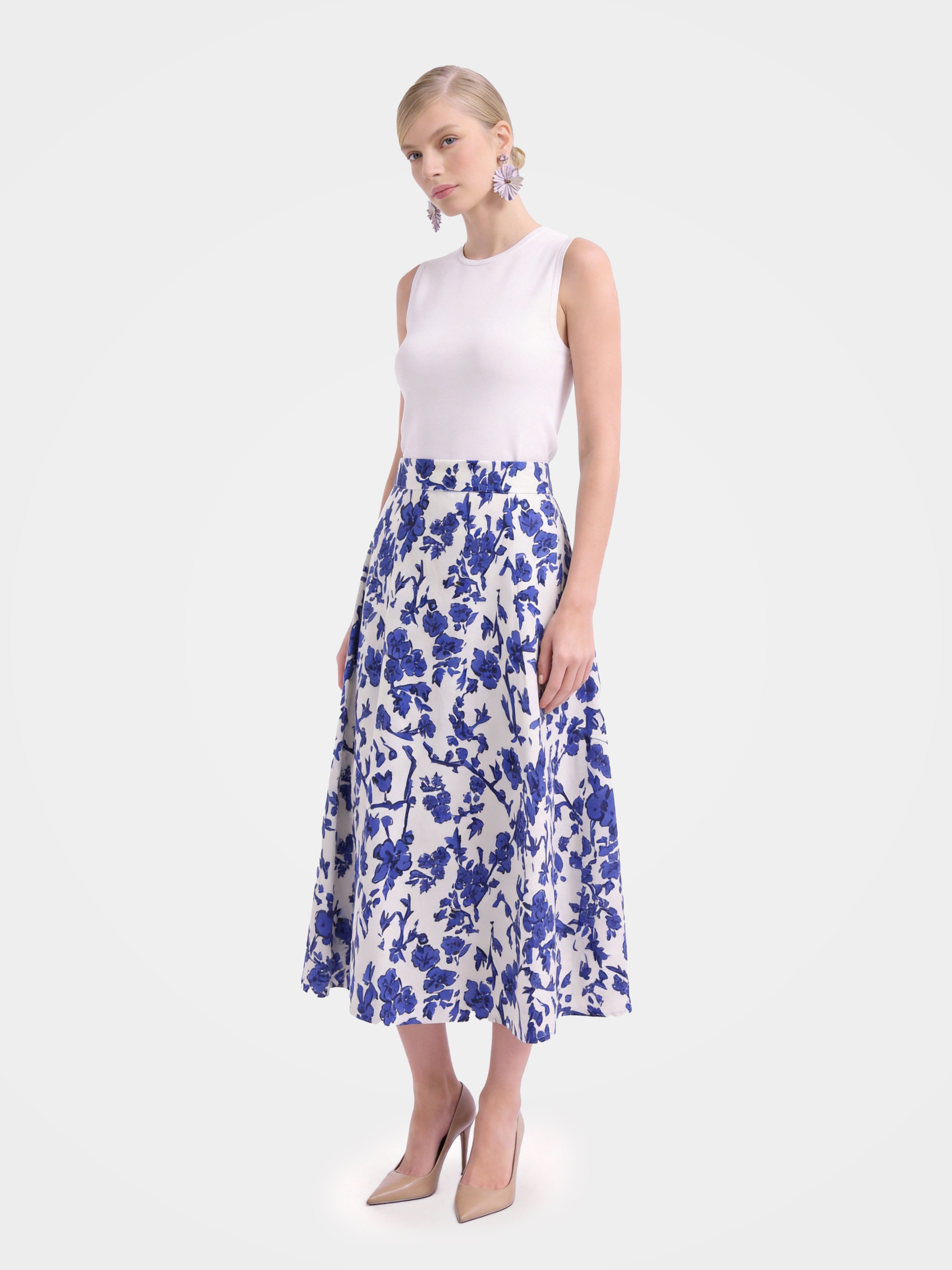 Blue Mulberry Silk Floral Printed Midi Skirt