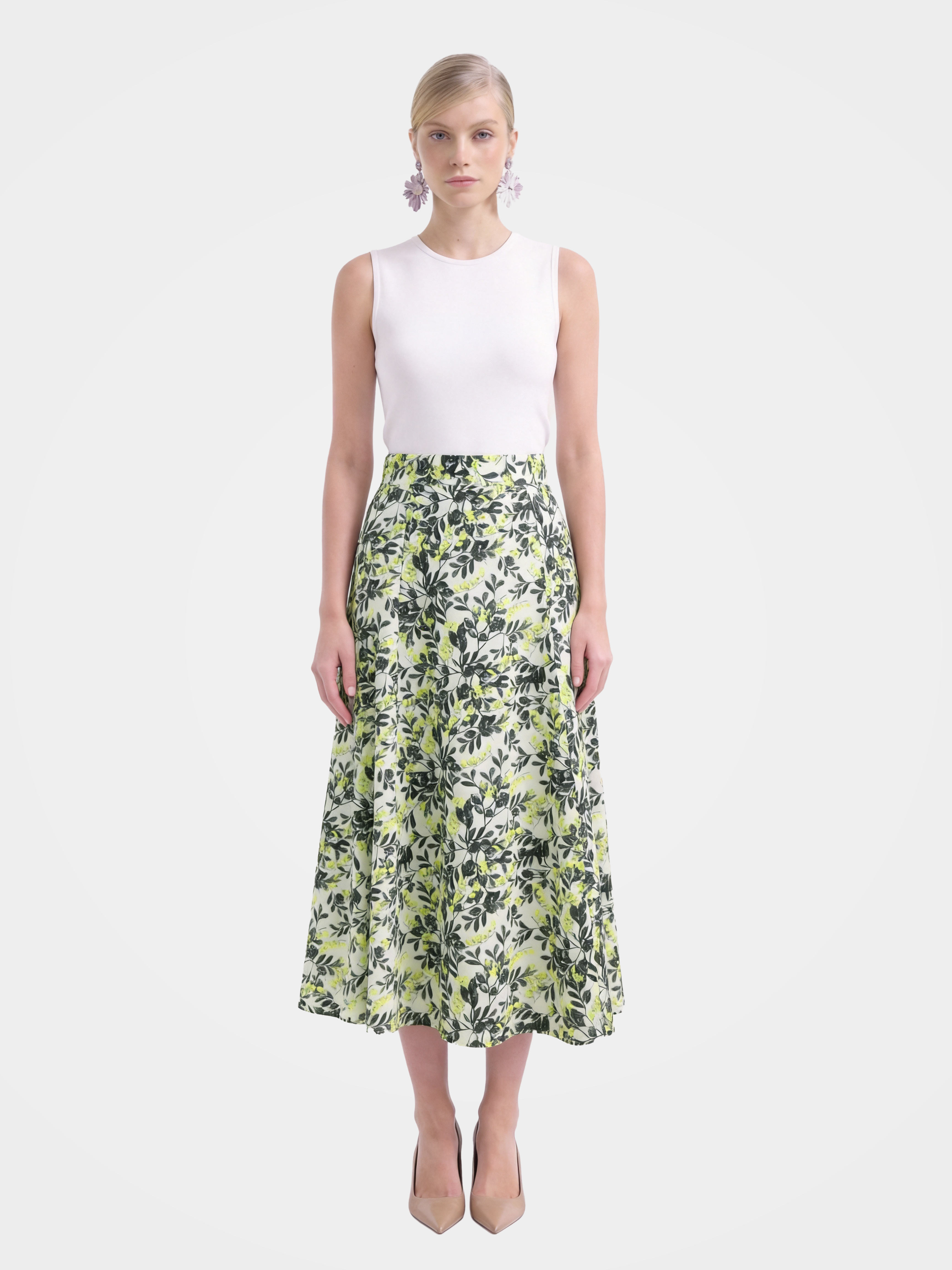 Green Mulberry Silk Floral Printed Midi Skirt