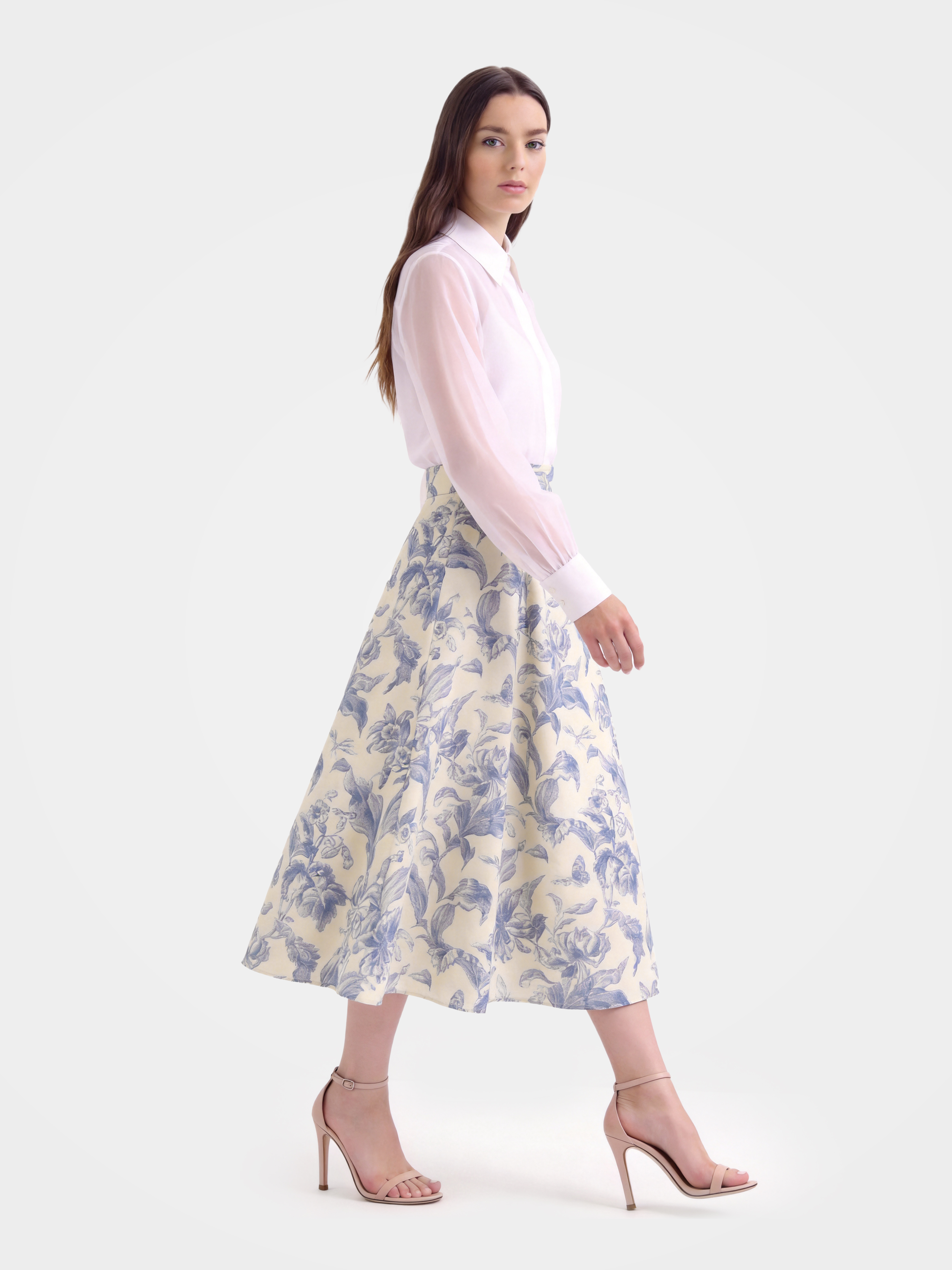 Biege Lyocell Silk Floral Printed Midi Skirt