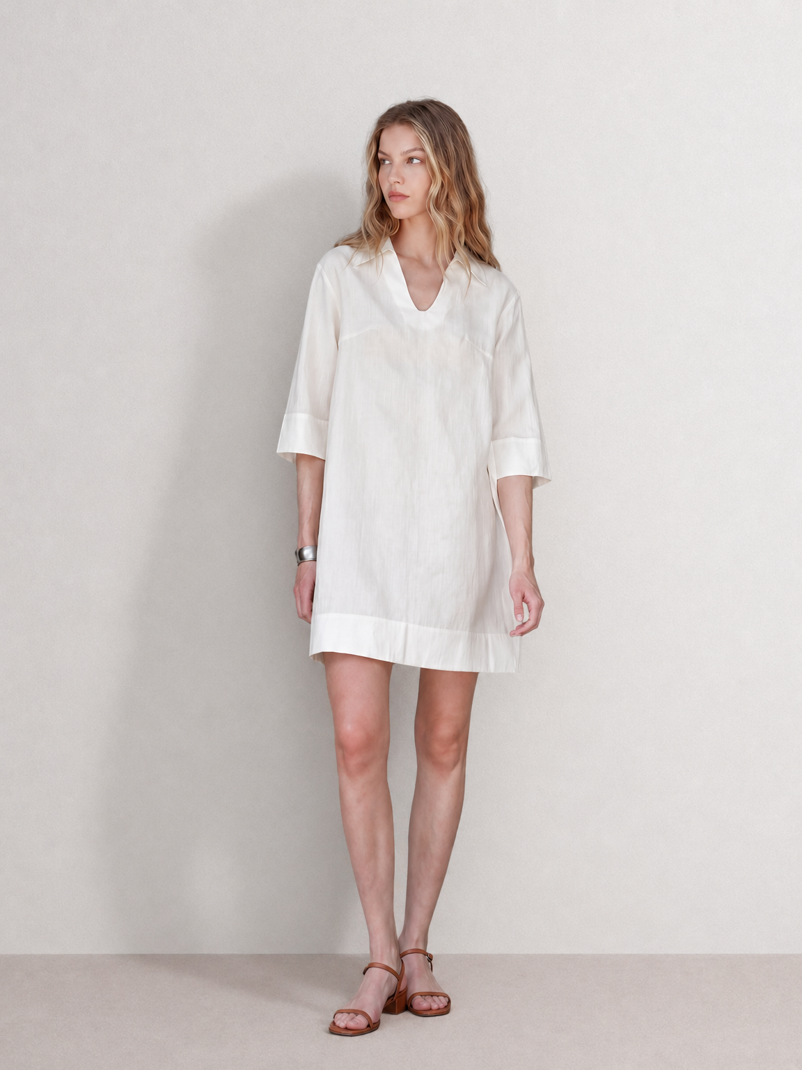 White Linen 3/4 Sleeve Midi Dress