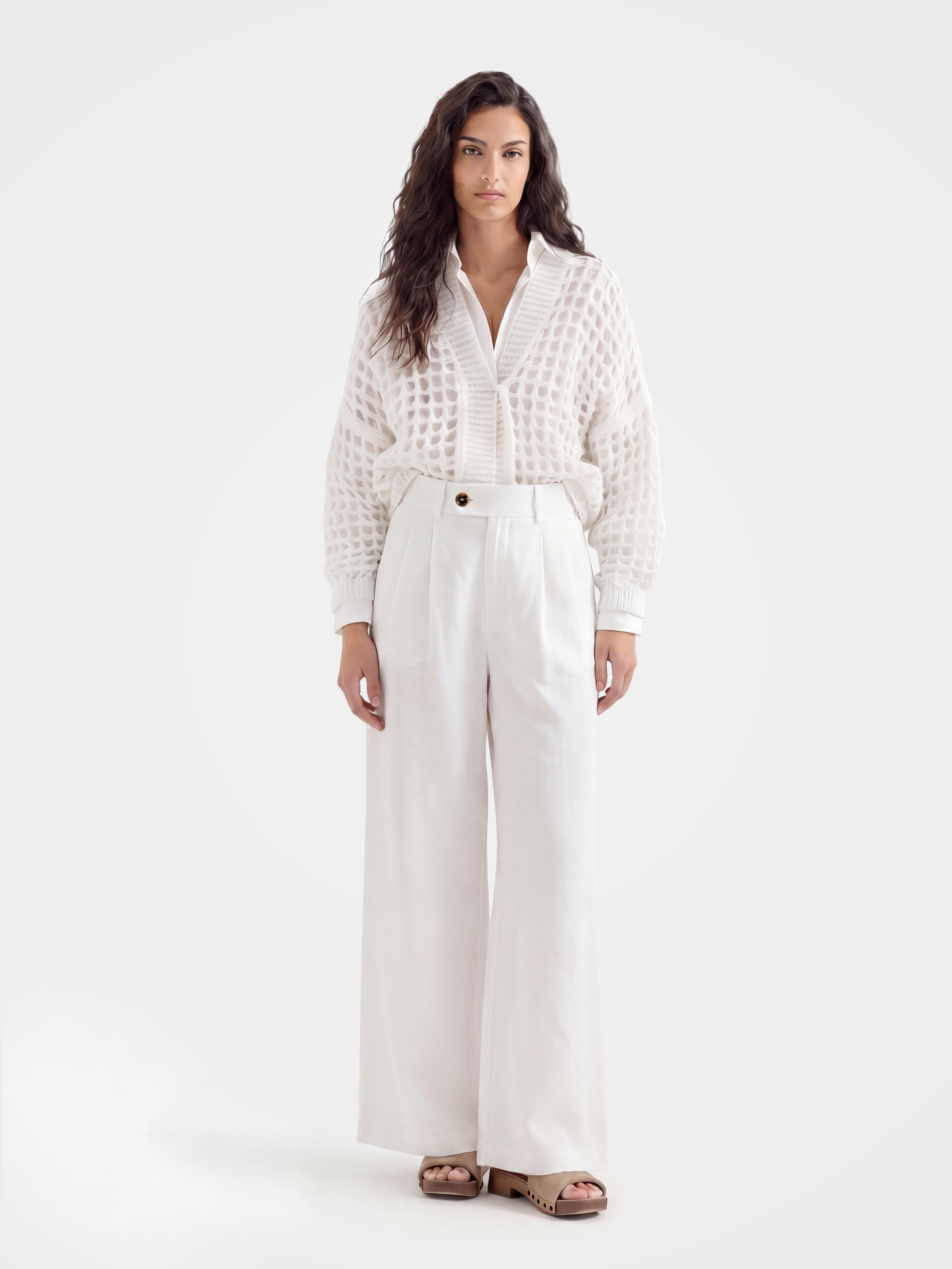 Breathable White Wide Leg Pant with Pockets