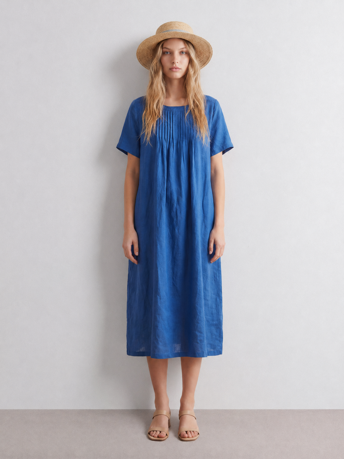 Blue Short Sleeve Midi Linen Cotton Dress