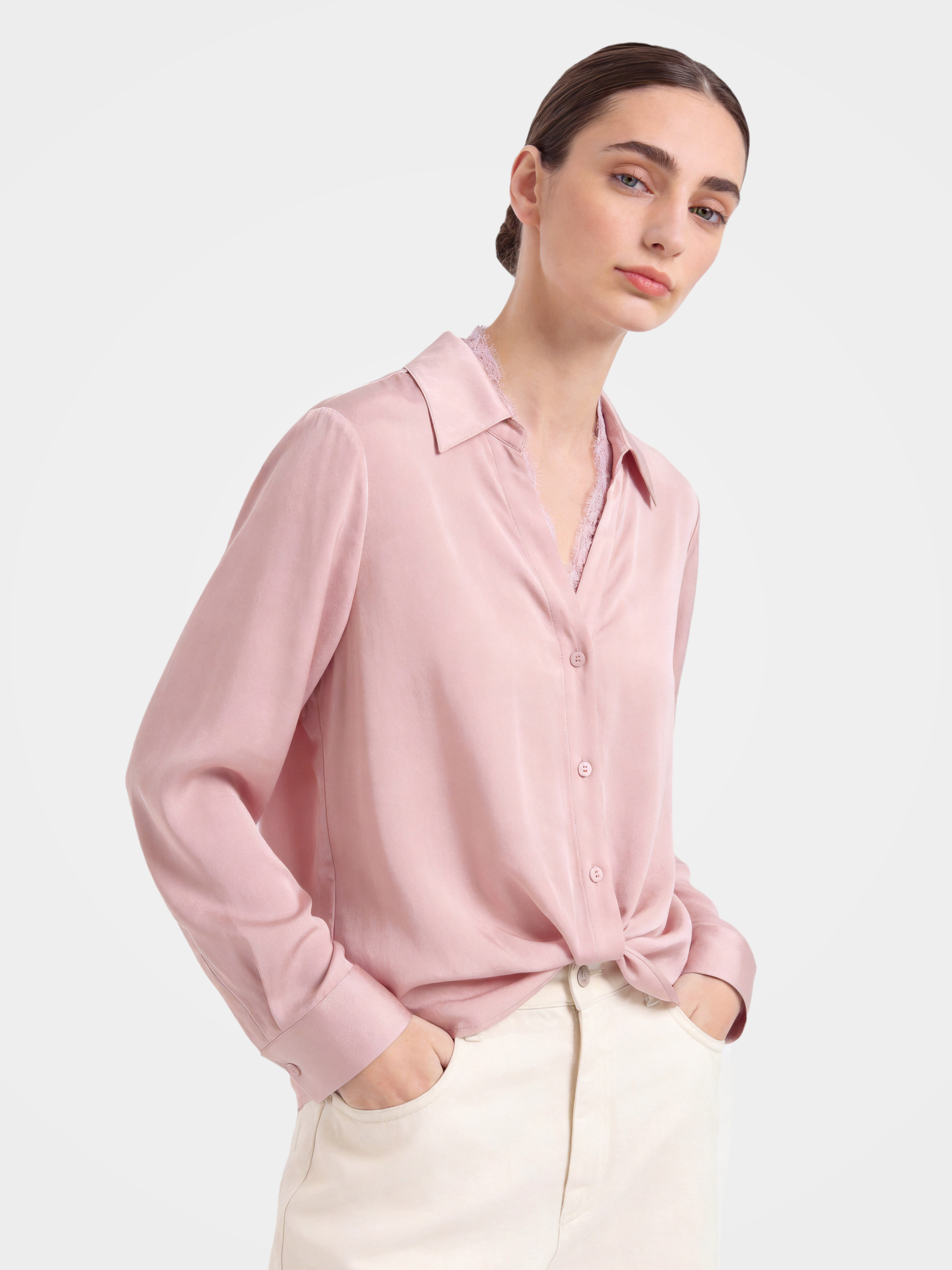 Smooth Mulberry Silk Lace Trim Button Shirt