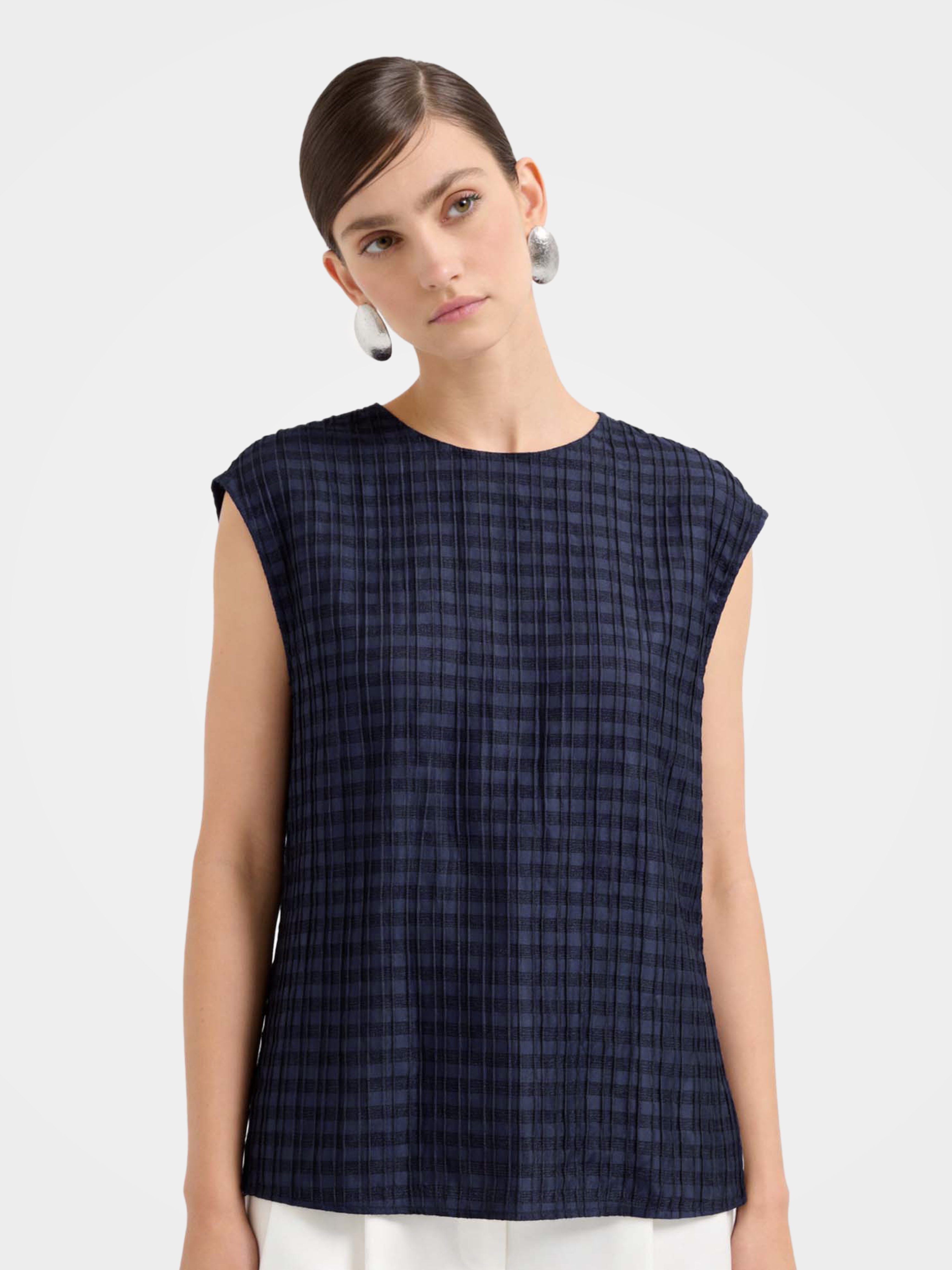 Lightweight Textured Mulberry Silk Blend Plaid Sleeveless Tank Top