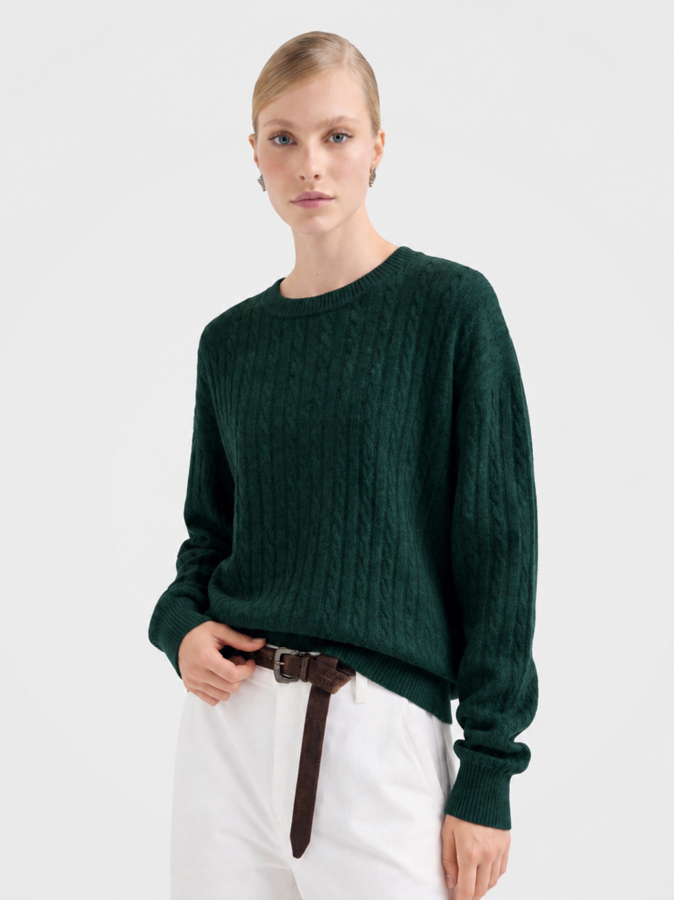 Cable-Knit Wool-Cashmere Crew Neck Sweater