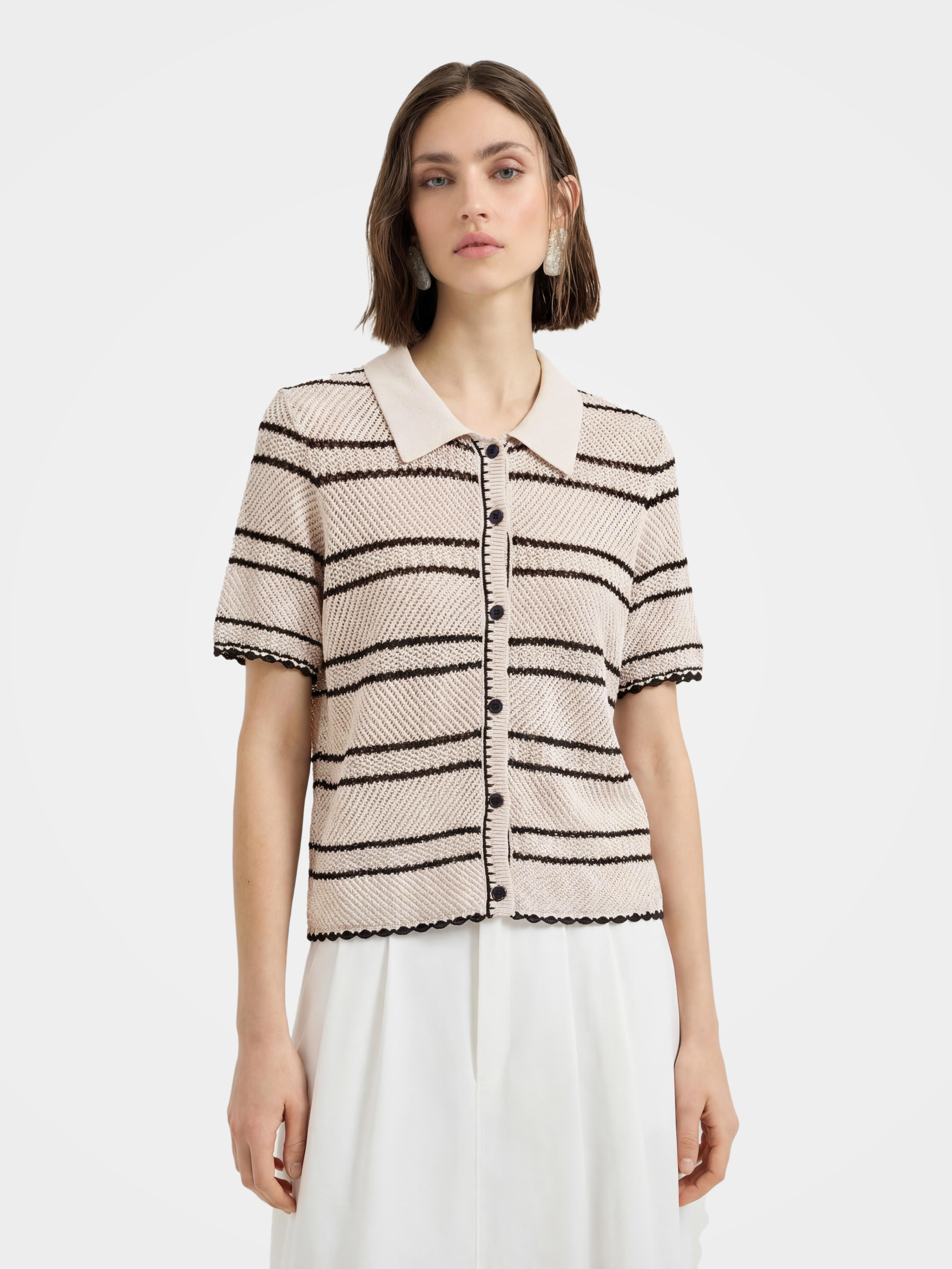 Beige Picot Trim Colorblock Short Sleeve Knit Cardigan