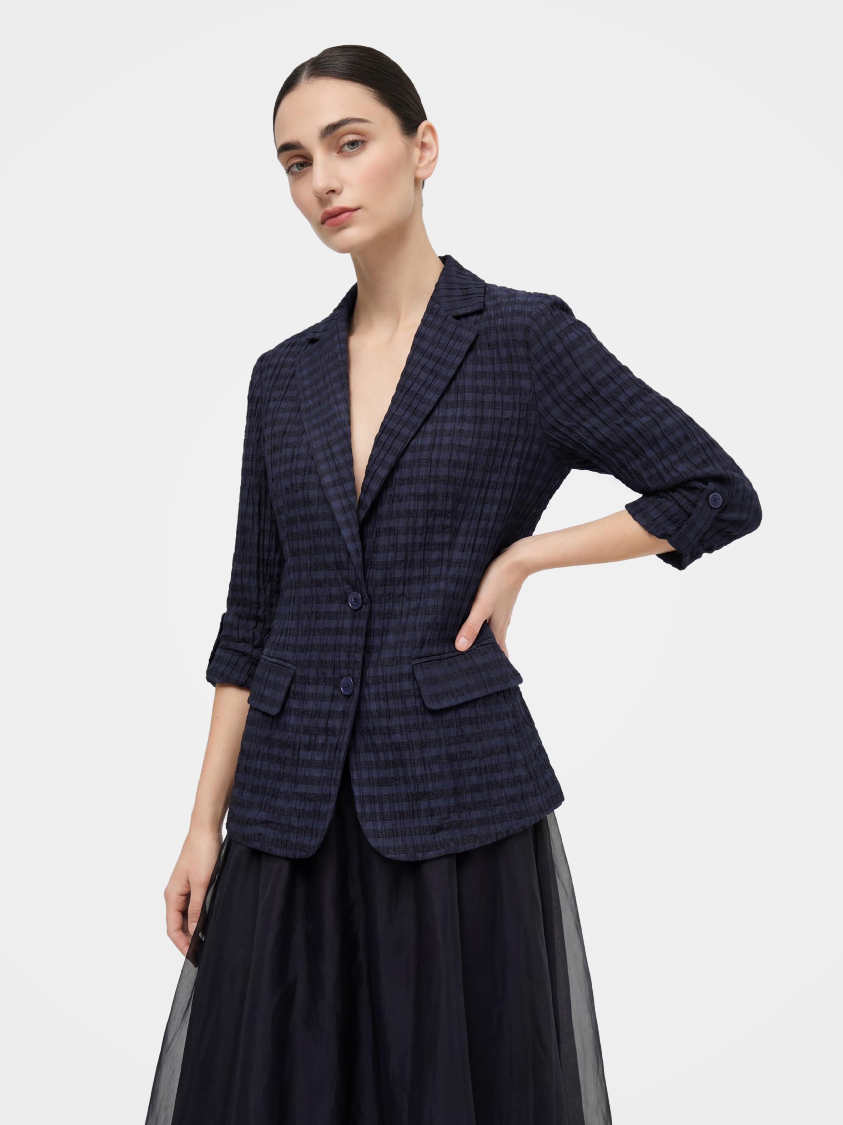 Elegance Navy Plaid Blazer – Luxury Women’s Jacket
