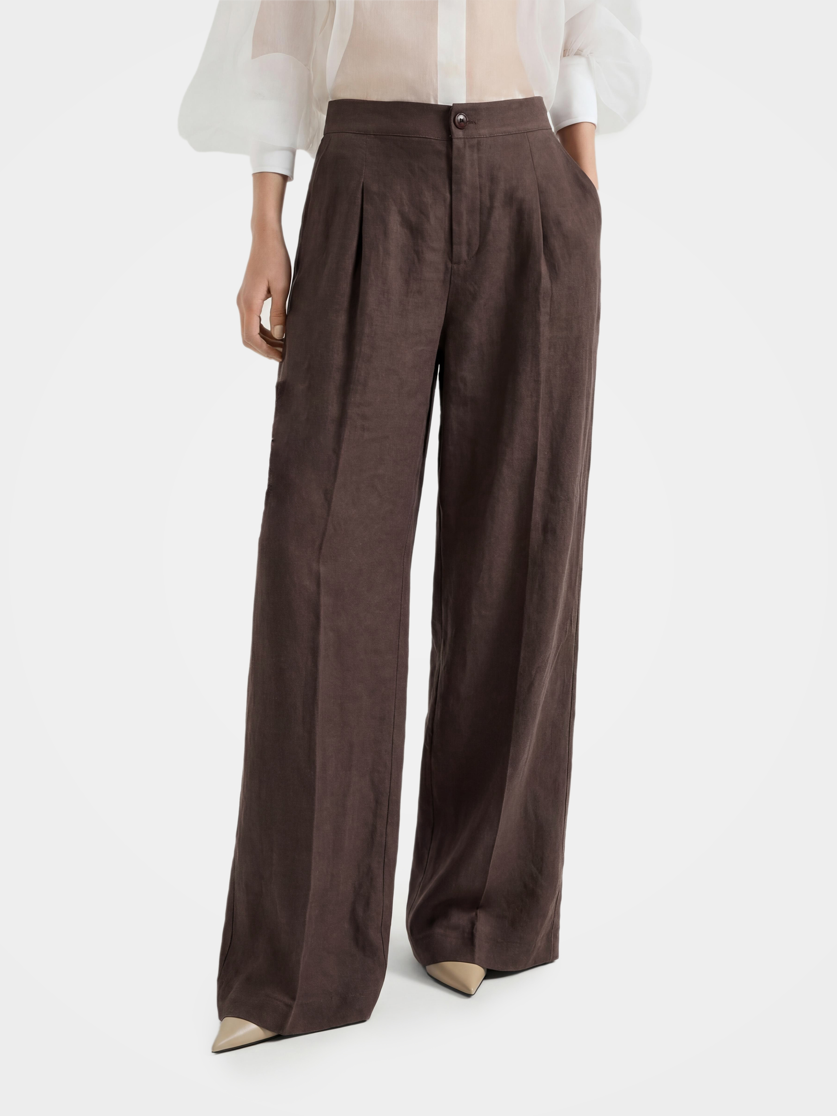 Structured Drape Linen-Blend Wide Leg Pant with Pockets