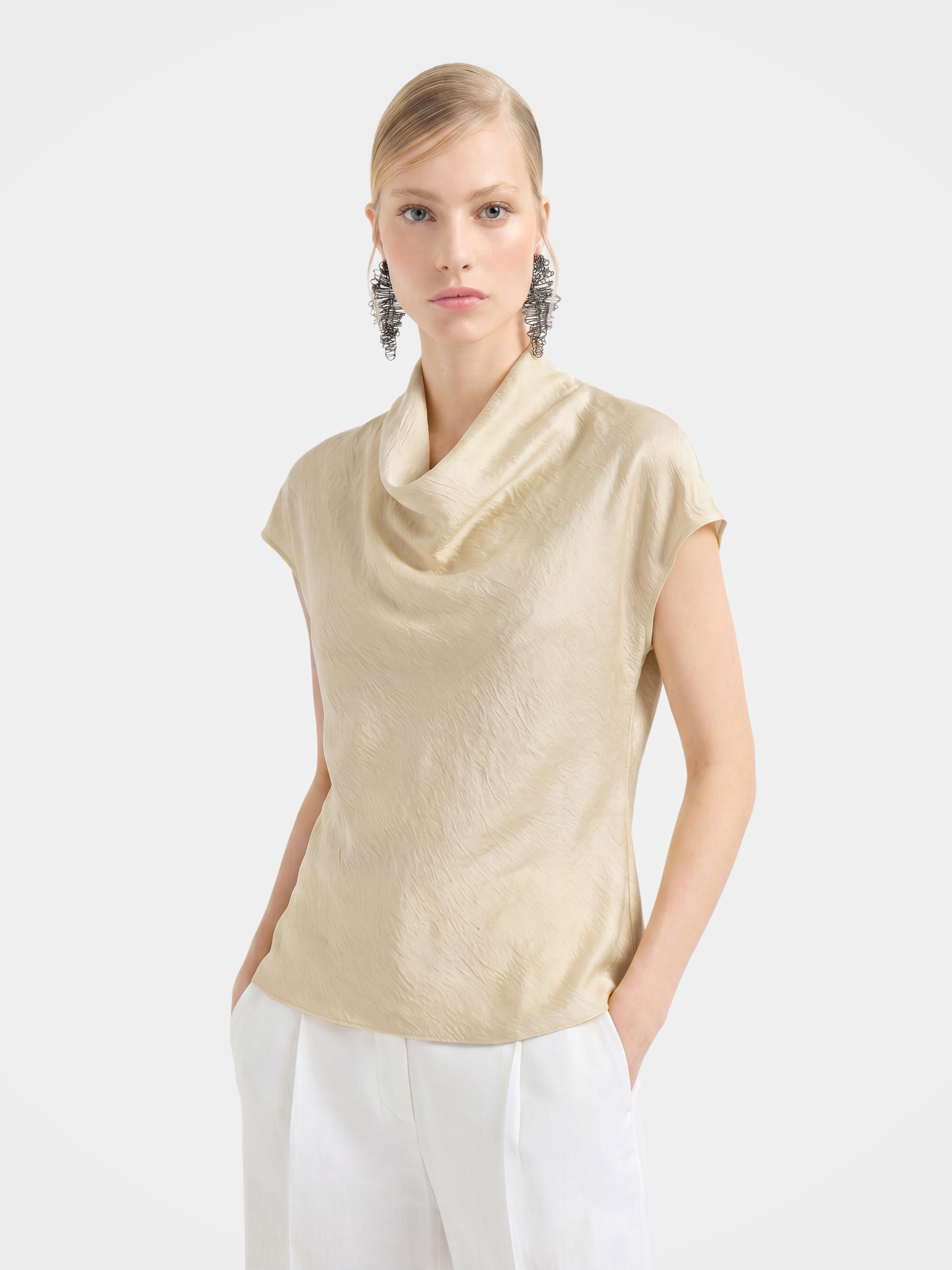 100% Mulberry Silk Cowl Neck Short Sleeve Top
