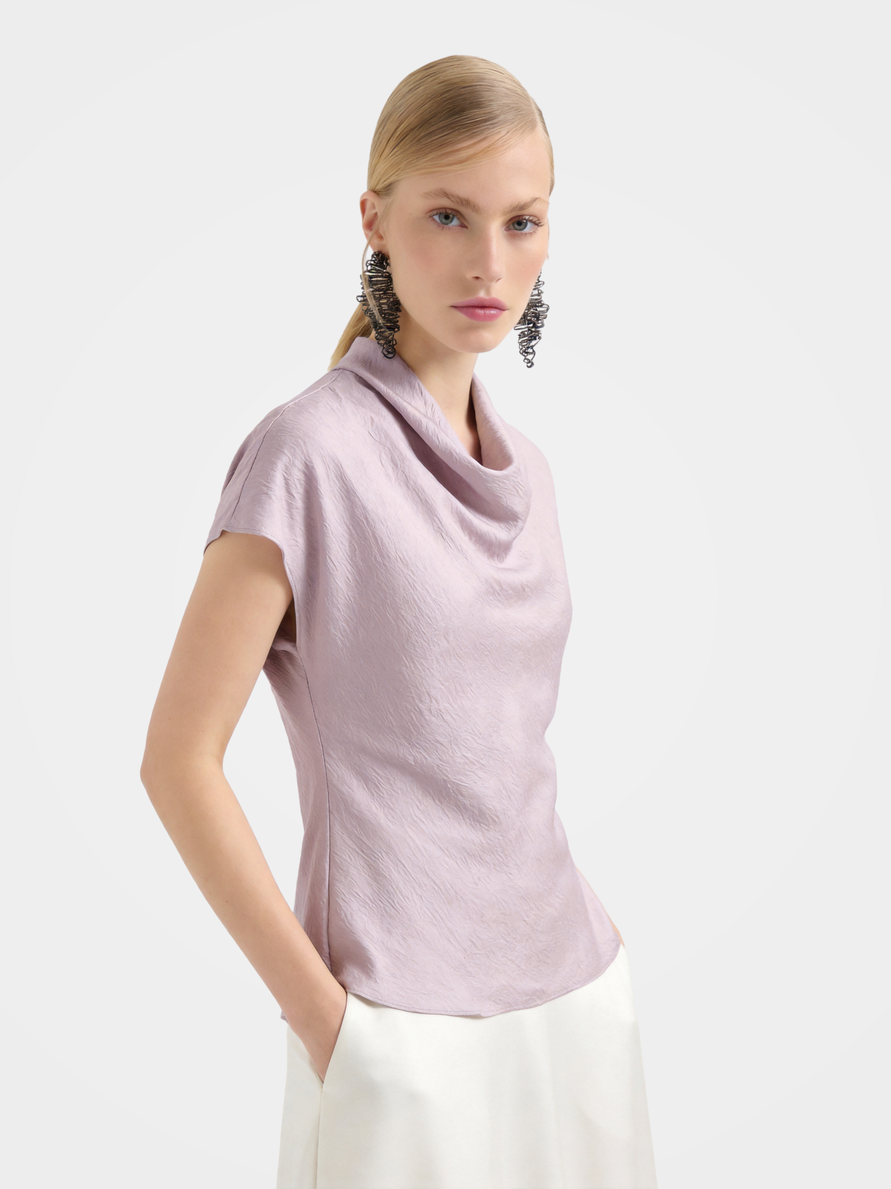 100% Mulberry Silk Cowl Neck Short Sleeve Top