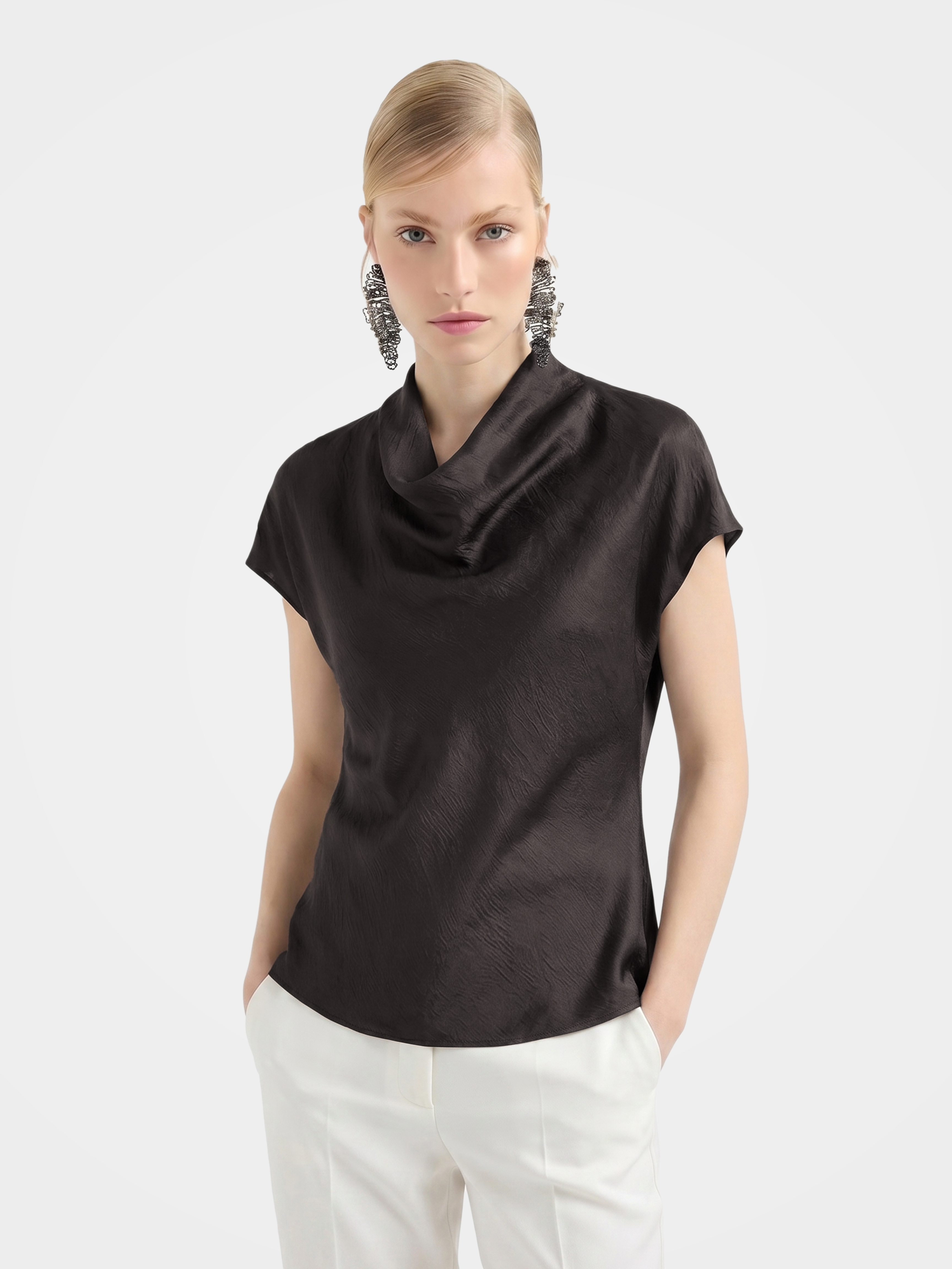 Cowl Neck Short Sleeve Mulberry Silk Top -Pullover for Summer