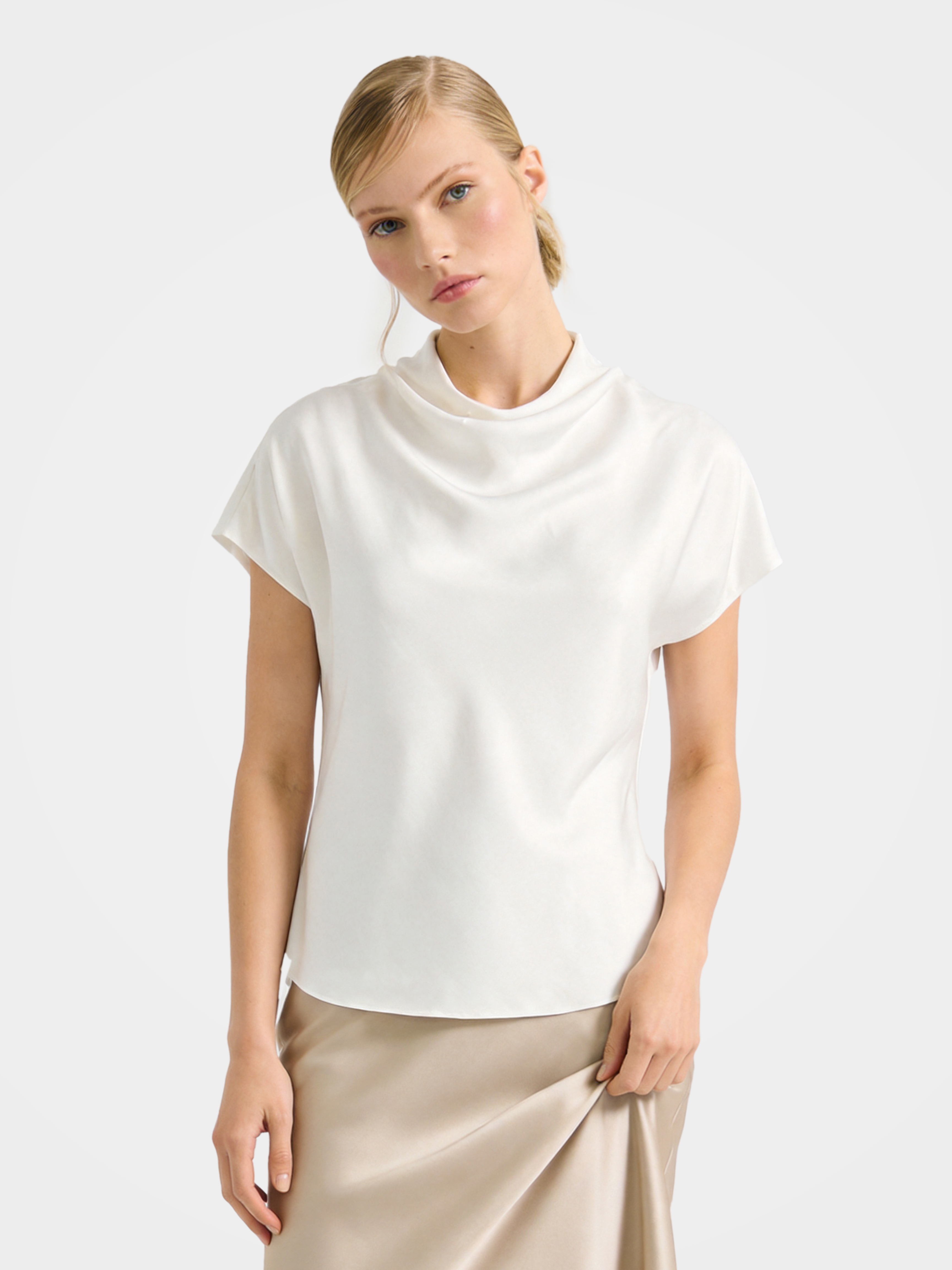 100% Mulberry Silk Cowl Neck Short Sleeve Top