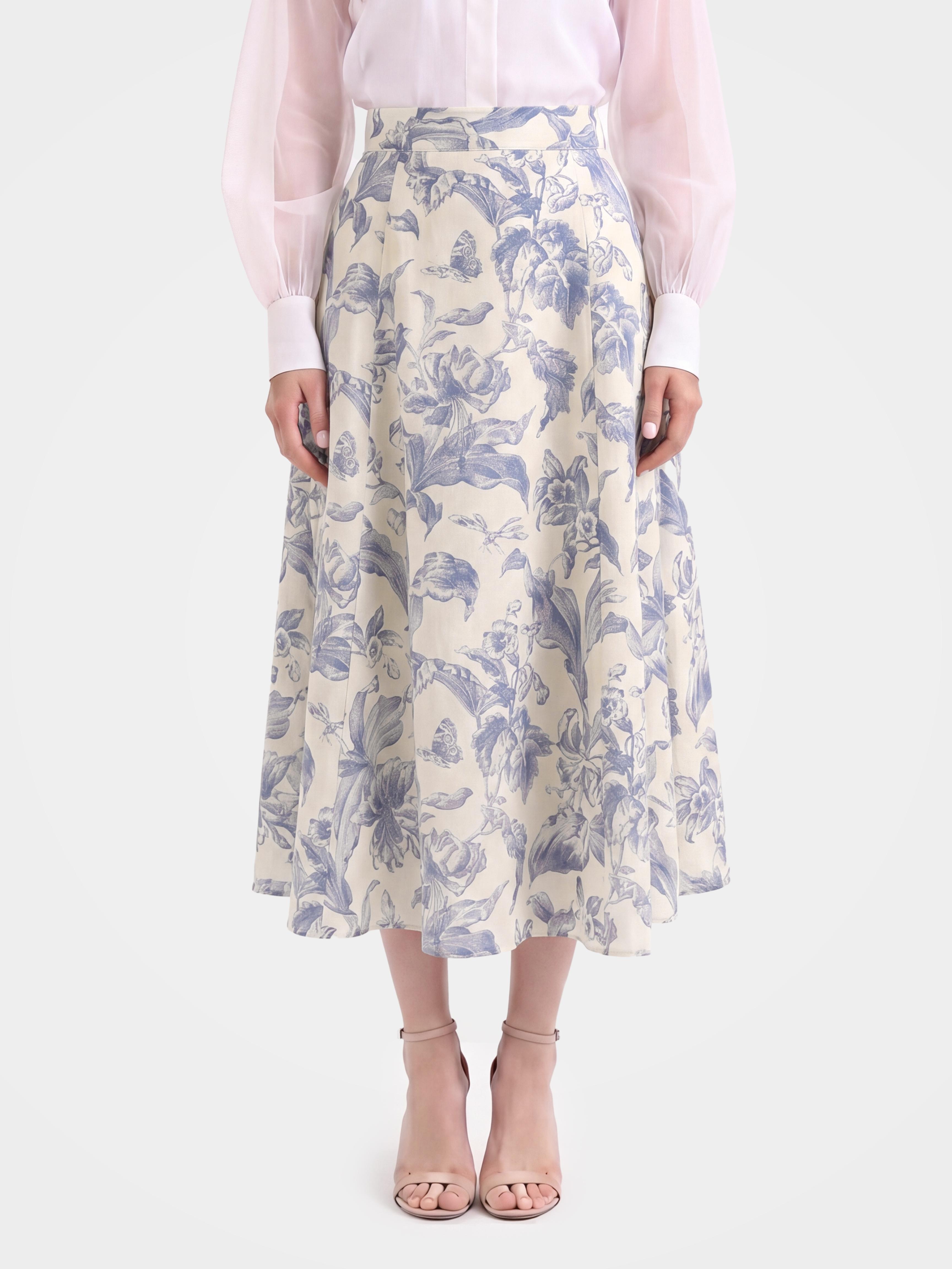Biege Lyocell Silk Floral Printed Midi Skirt