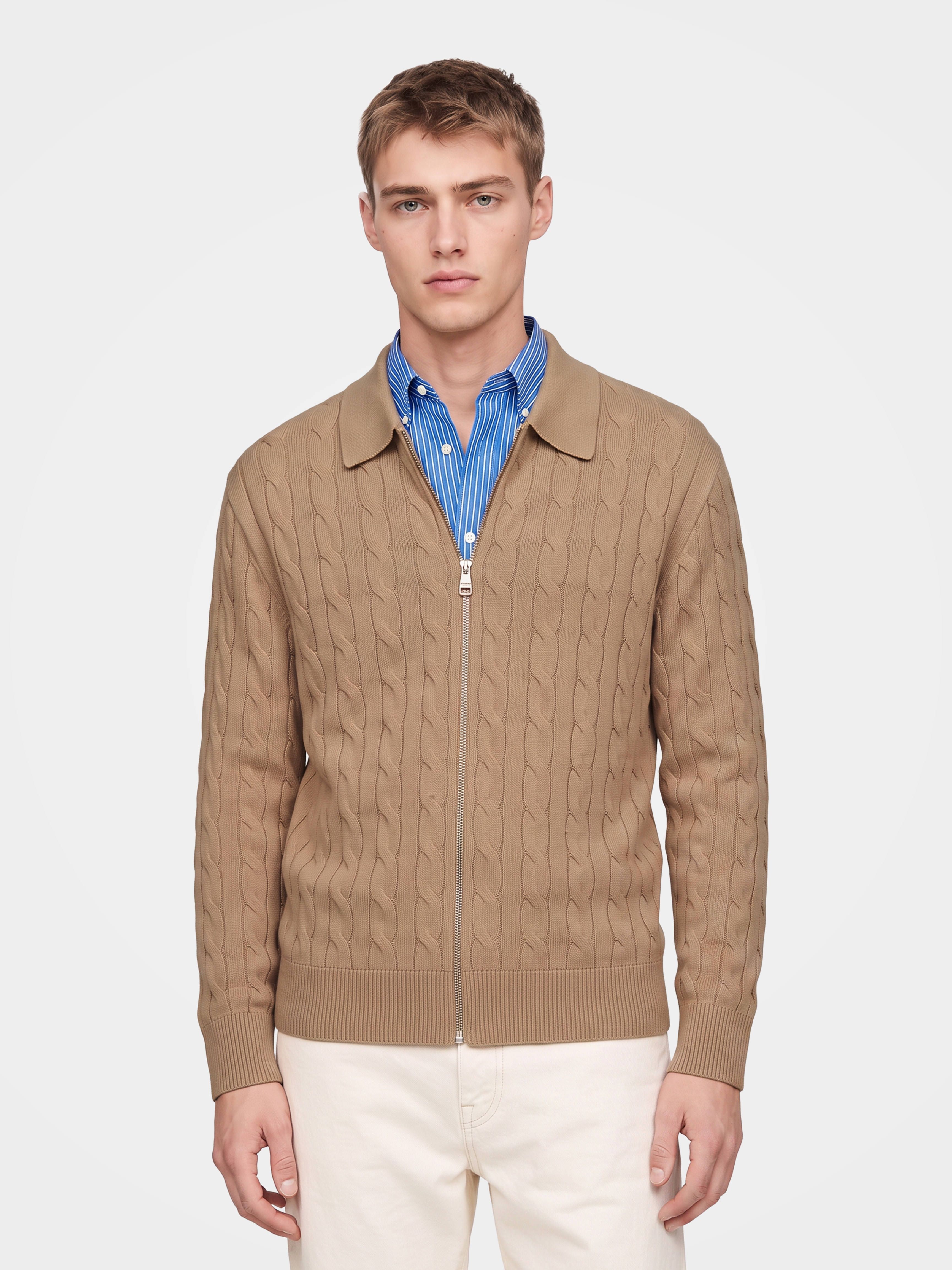 Pre-Order | Men's 100% Cashmere Collared Zip Cable Knit Cardigan (10-14 Business Days)