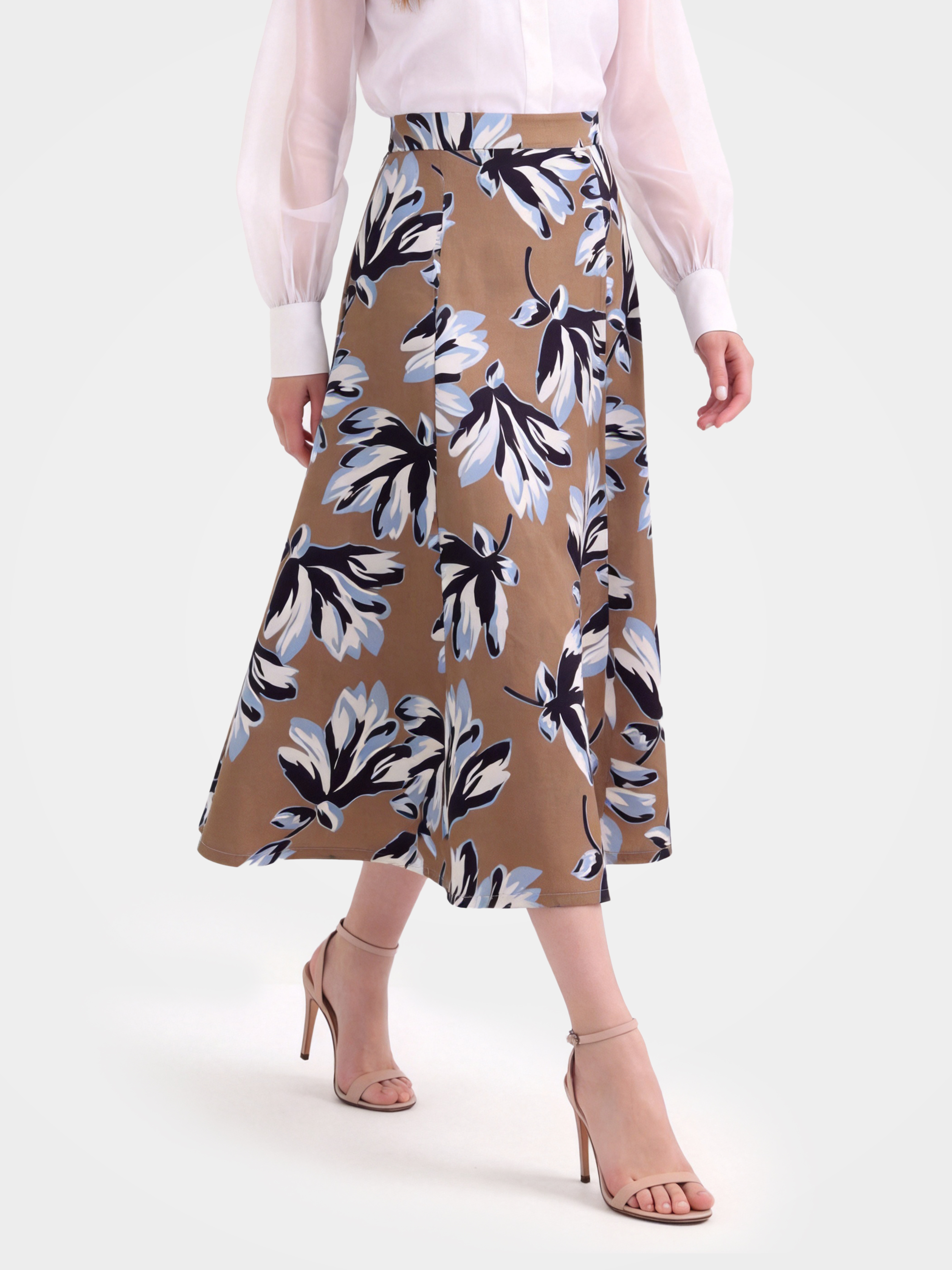 Brown Floral Mulberry Silk Midi Skirt for Women