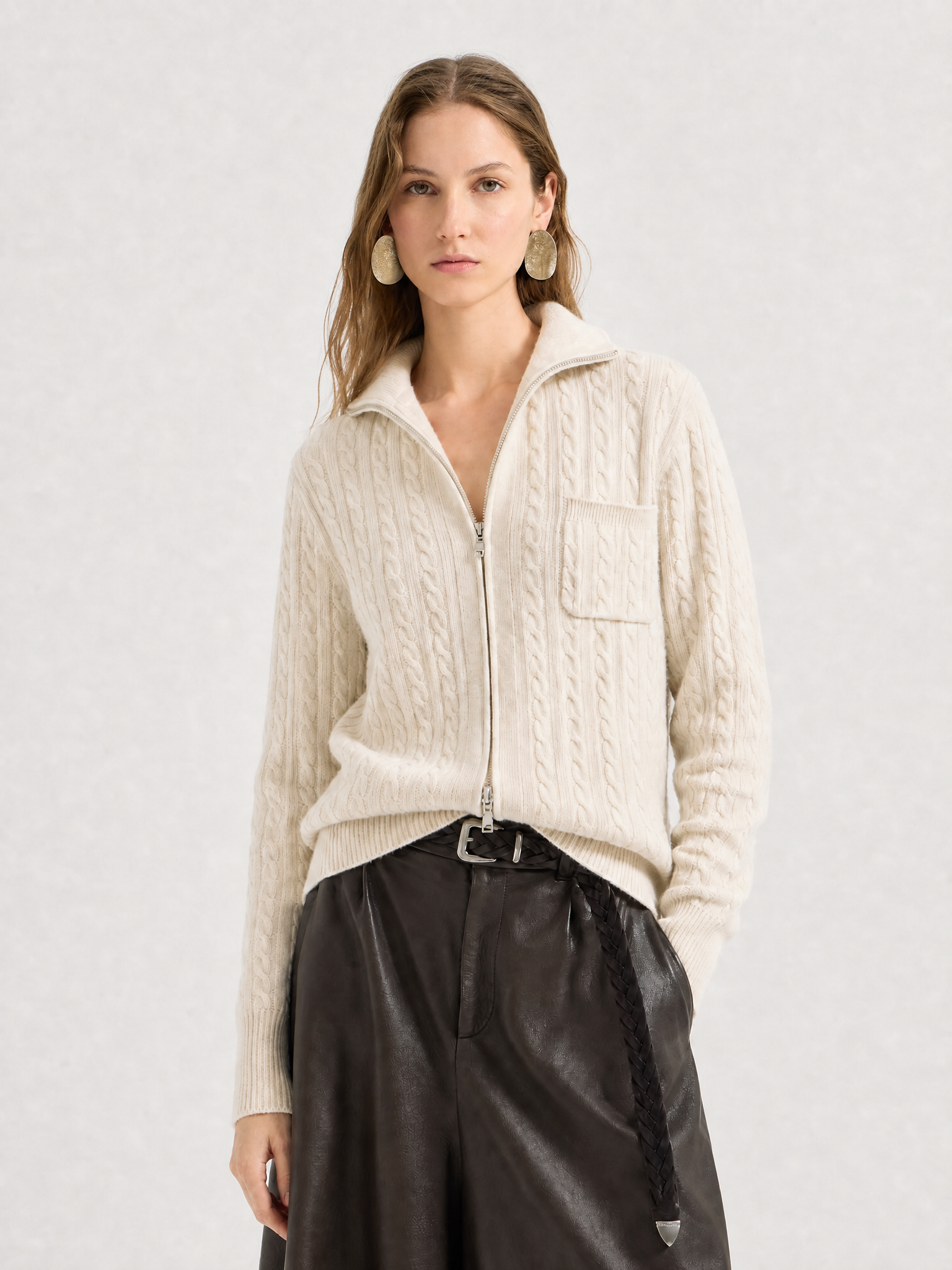 100% Mongolian Cashmere Cable Knit Zip Jacket
