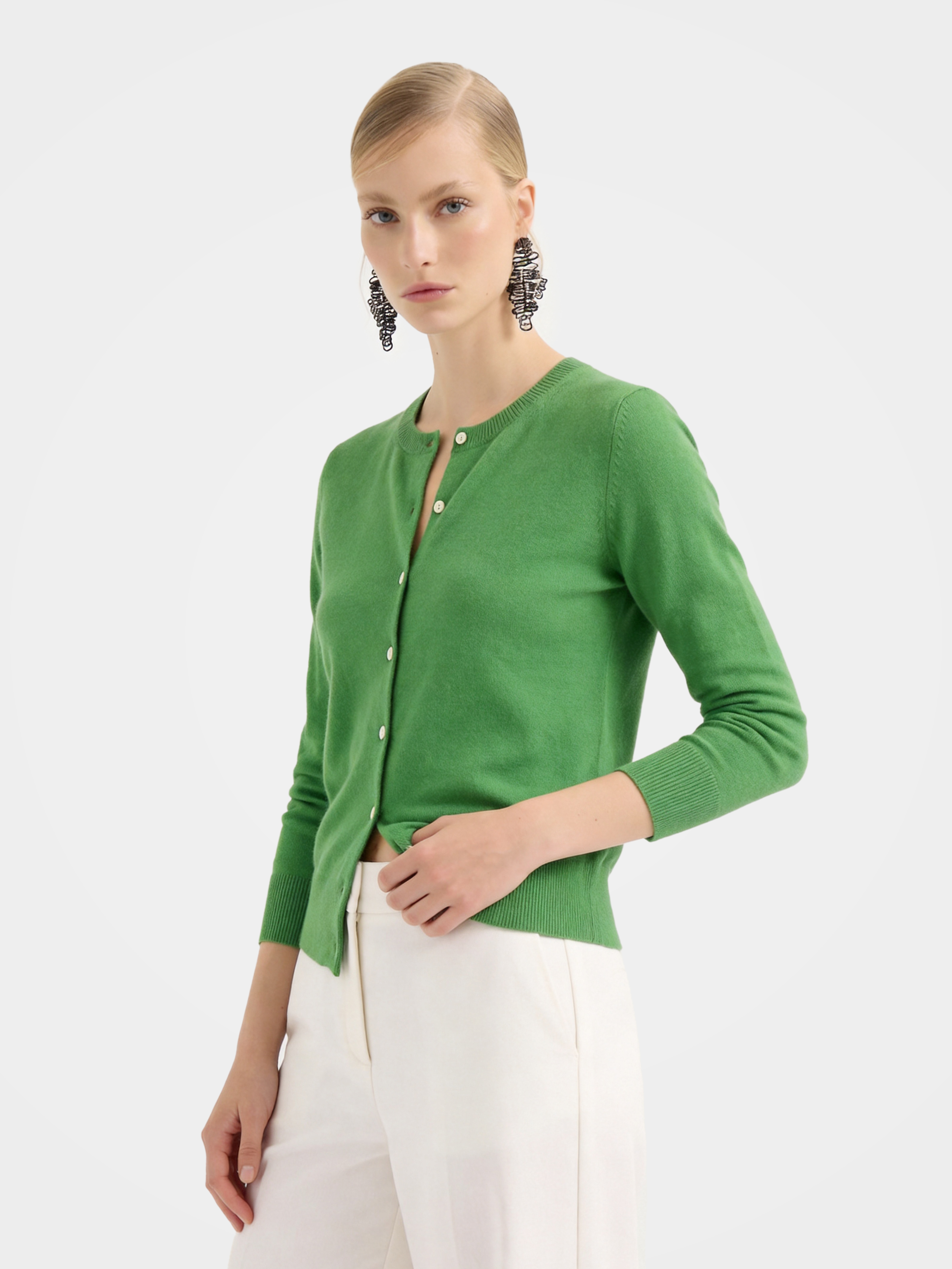 Soft 100% Cashmere Crew Neck Long Sleeve Cardigan for Spring