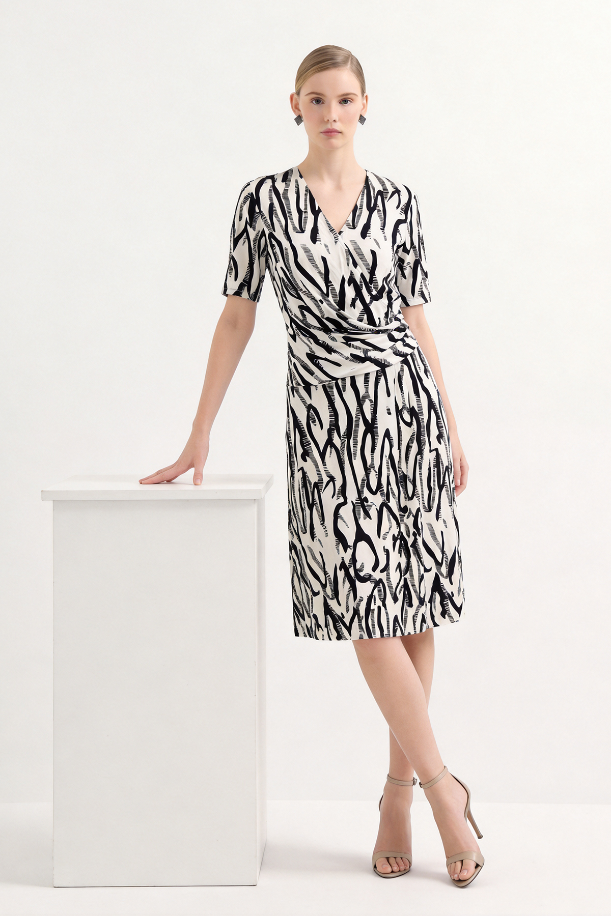 Black Silk Print Knee Length Wrap Dress
