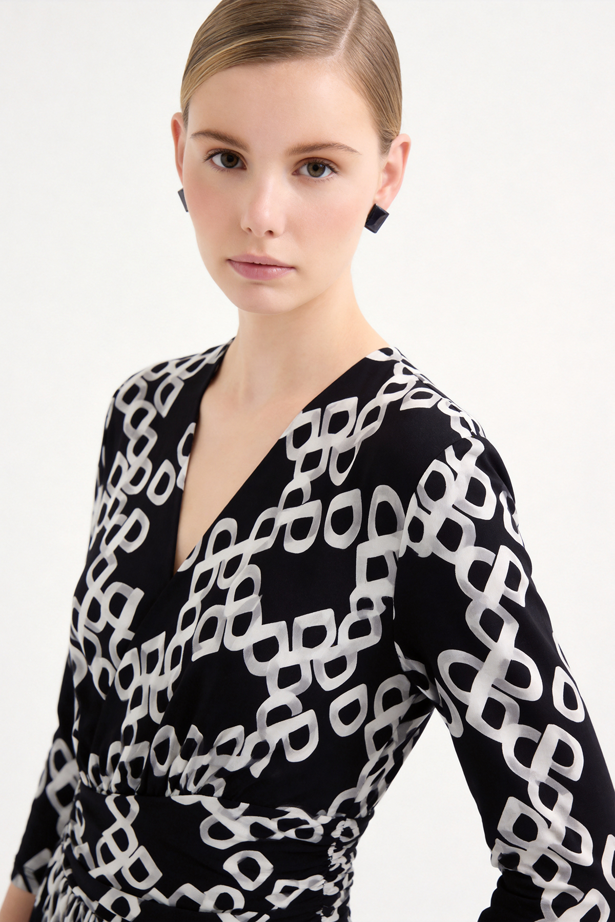 Black Silk V Neck Print Mini Dress