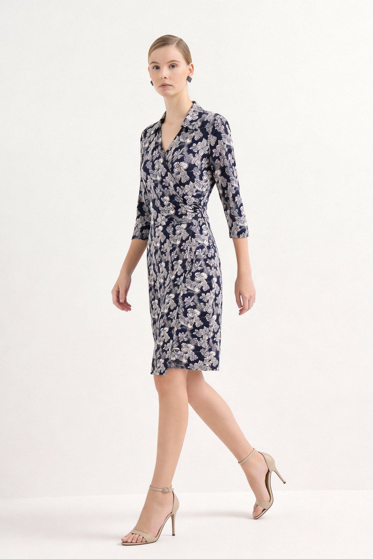 Black Silk Shirt Print Knee Length Wrap Dress