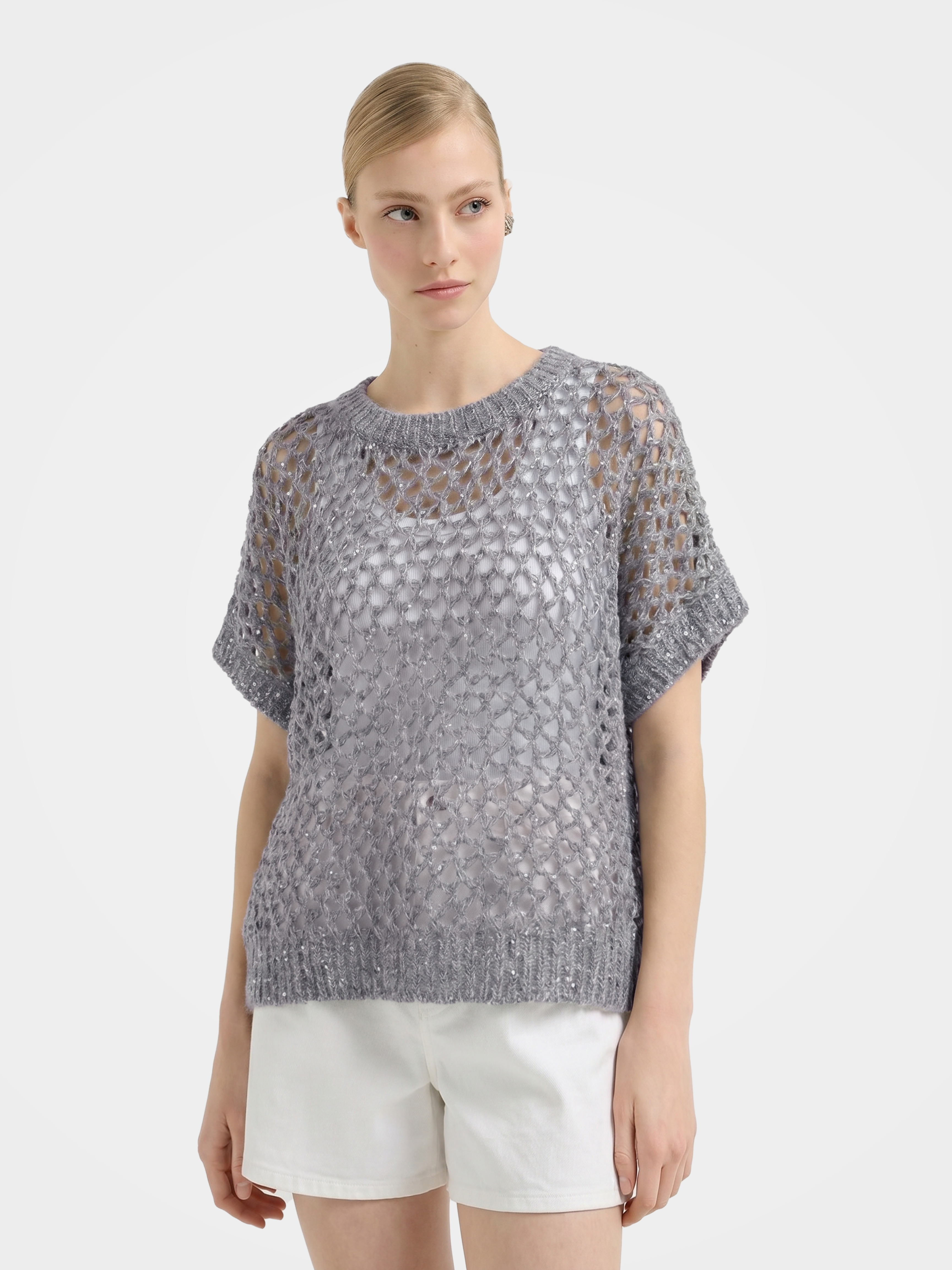 Mongolian Cashmere Short Sleeve  Openwork knit Top