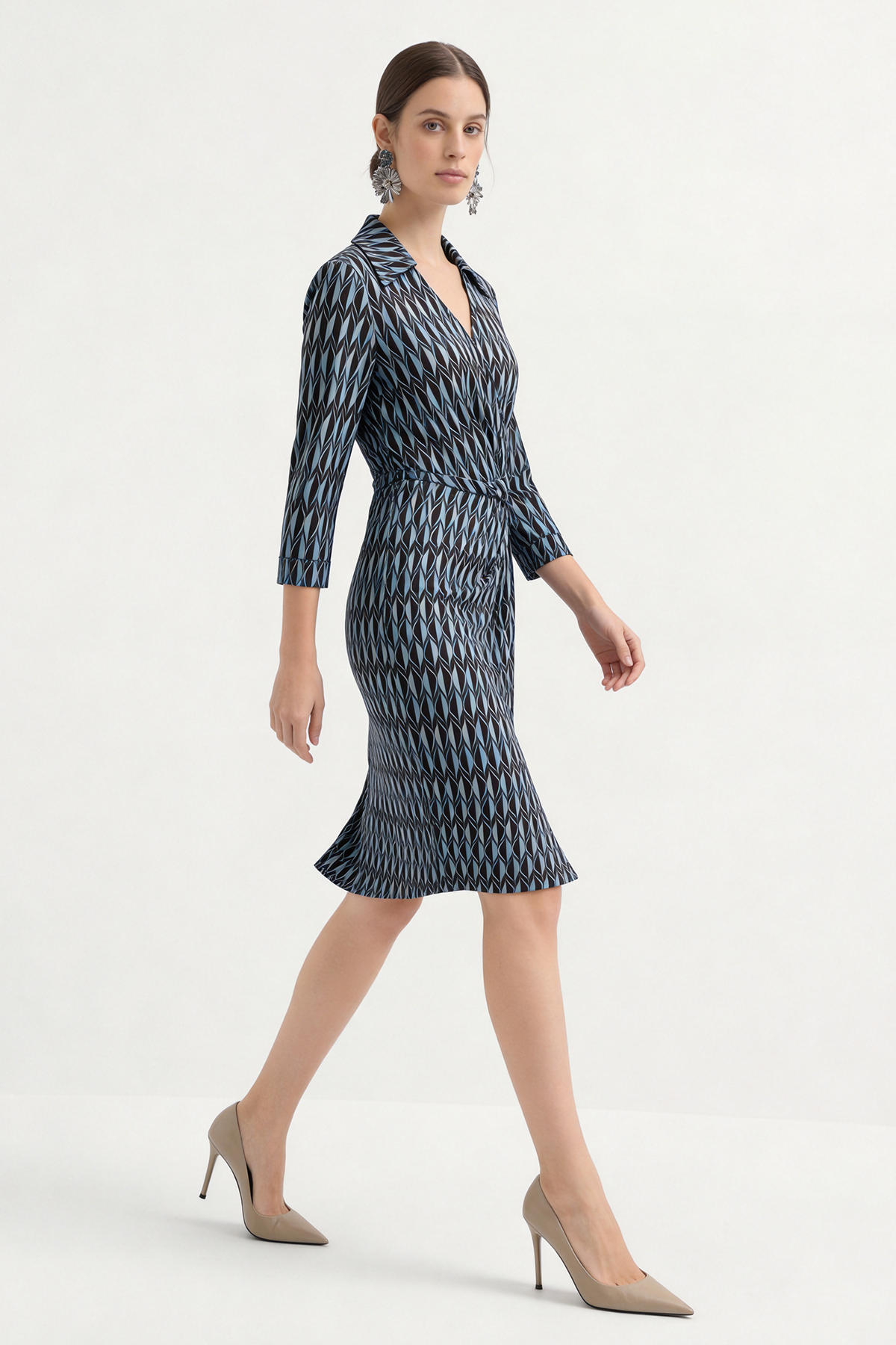 Blue Silk Shirt Print Knee Length Wrap Dress