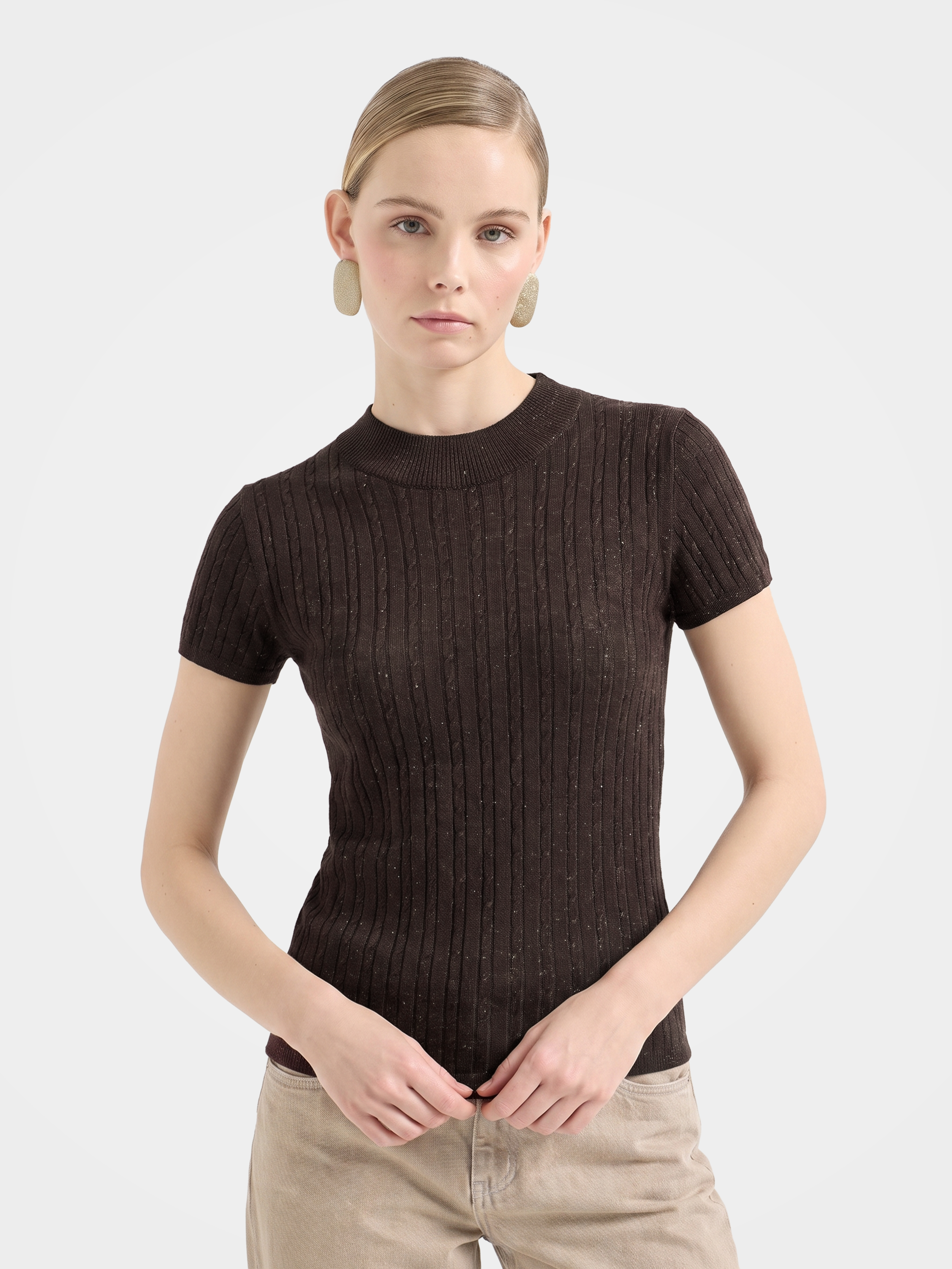 Wool Cashmere Blend Ribbed Metallic Knit Short Sleeve Top