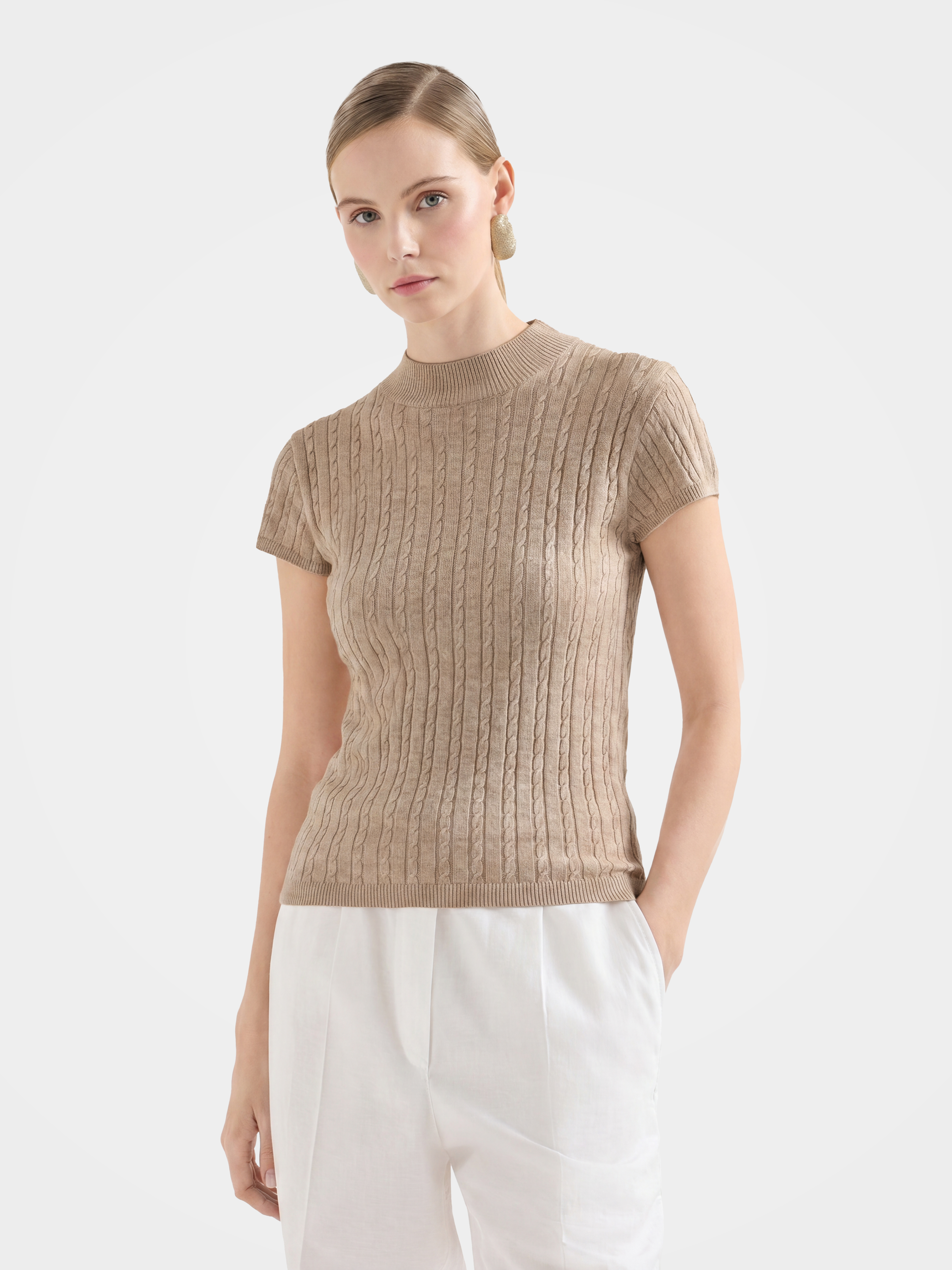 Wool Cashmere Blend Ribbed Metallic Knit Short Sleeve Top