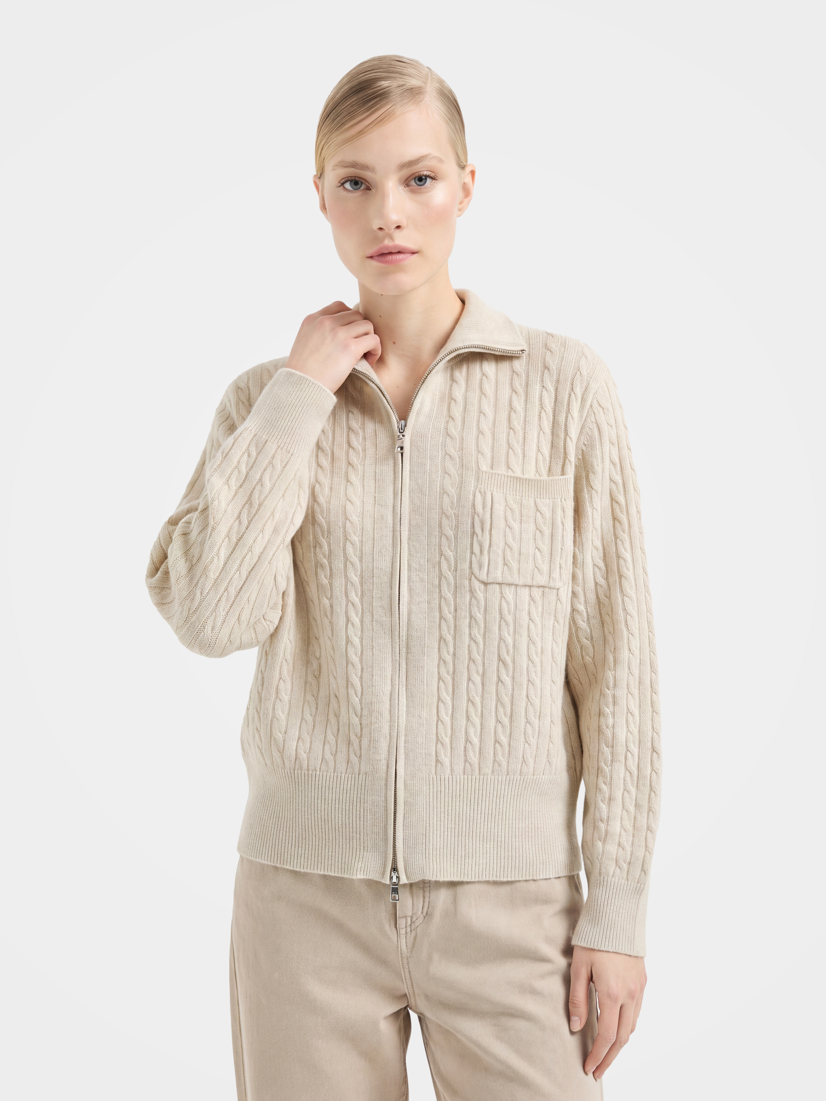 100% Mongolian Cashmere Knit Collared Cable Cardigan