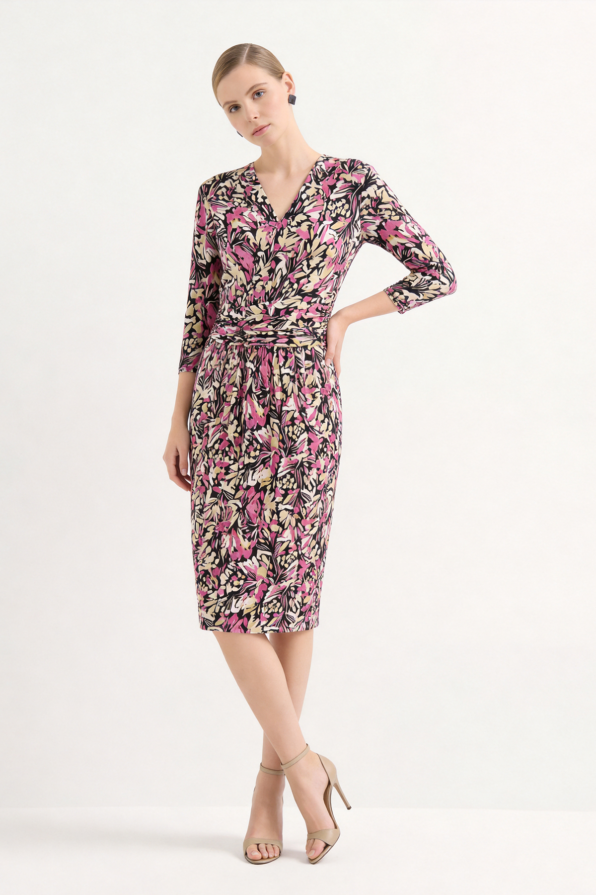 Fuchsia Silk Floral Print Knee-Length Dress