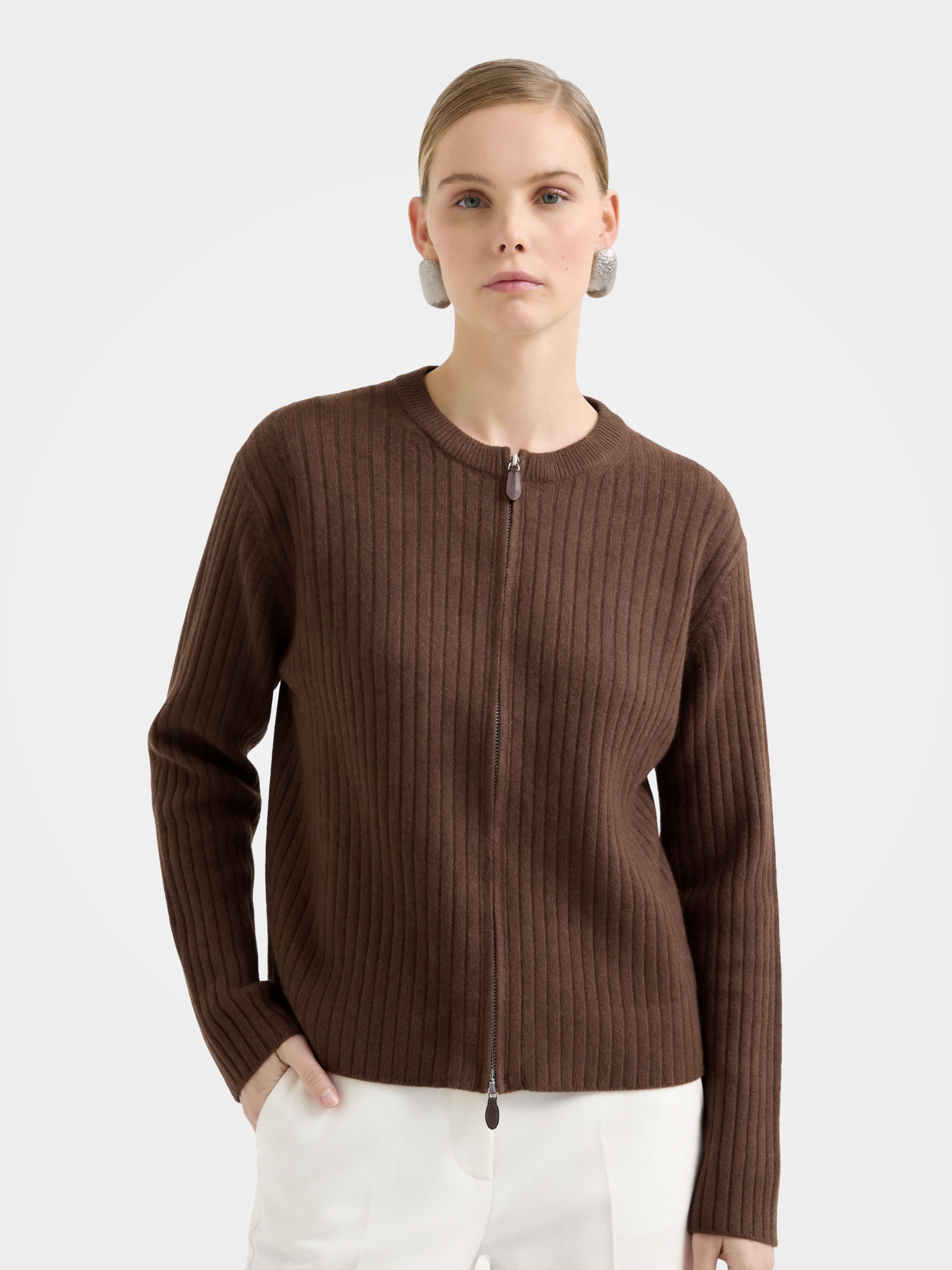 Textured 100% Mongolian Cashmere Knit Zip Cardigan