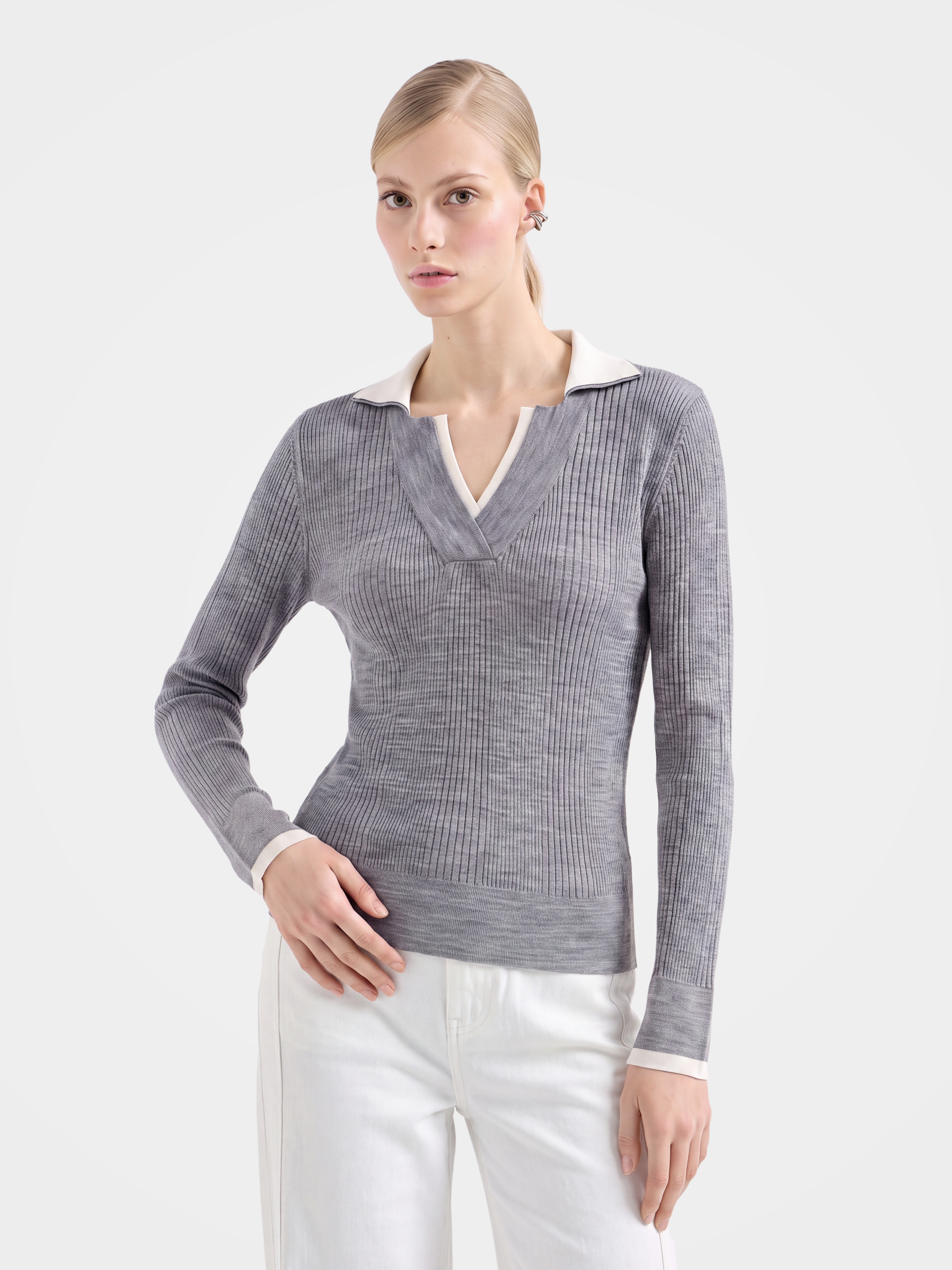 Lightweight Wool V Neck Patchwork Knit Top 