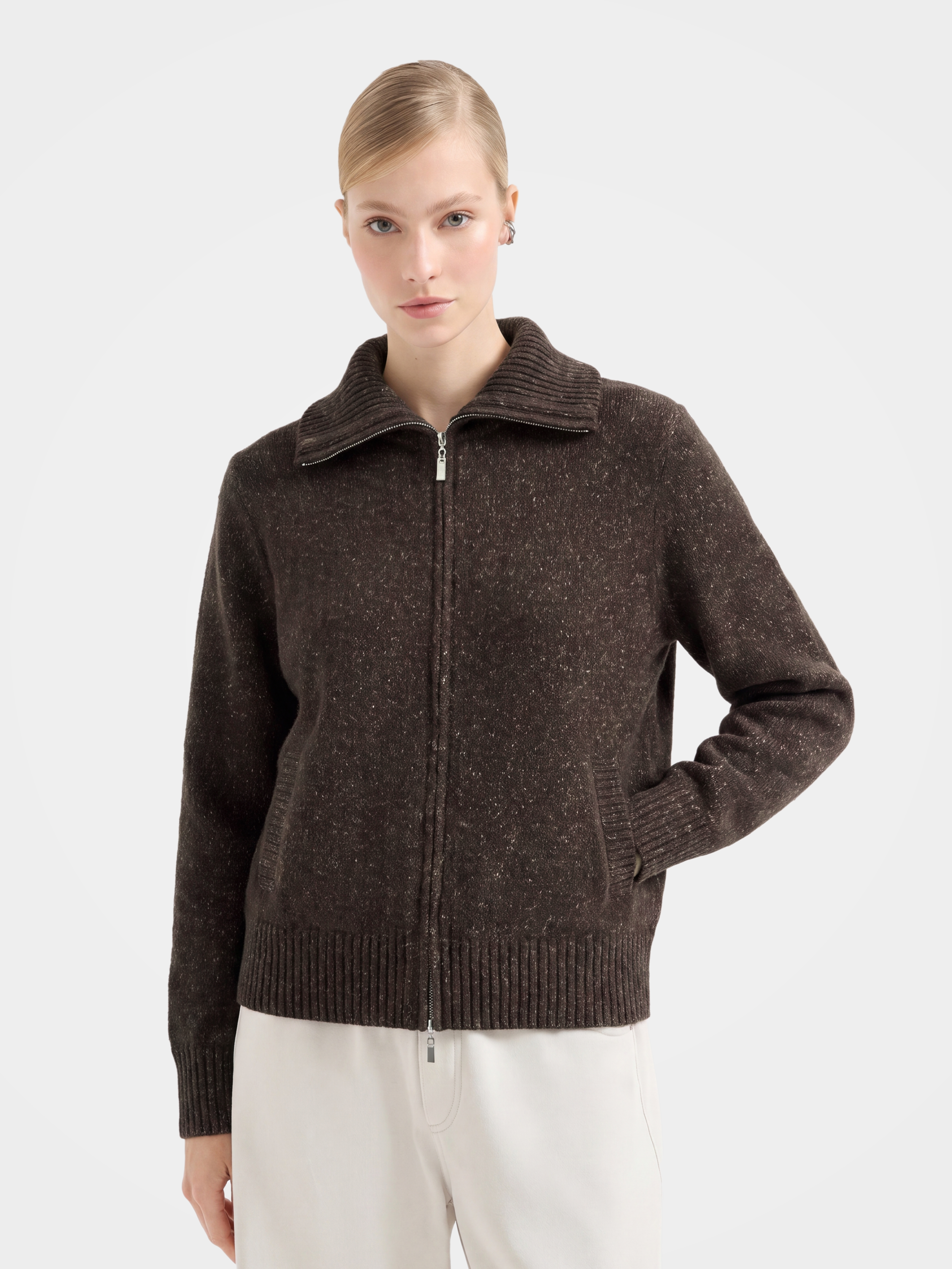Texture 100% Wool Zip up Knit Cardigan