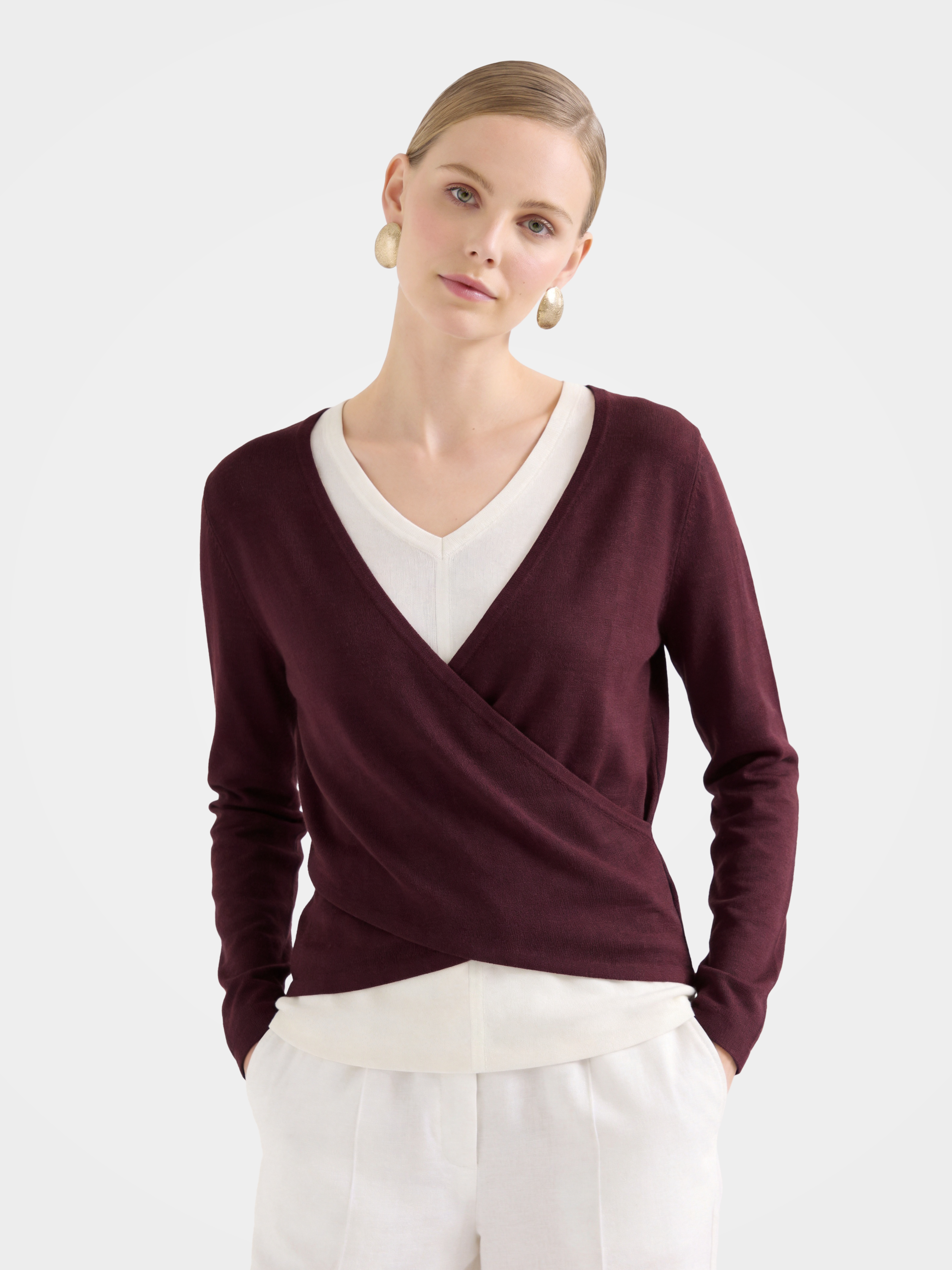 Lightweight Wool Faux Wrap V-Neck Thin Knit Sweater Soft Draped Layering Top