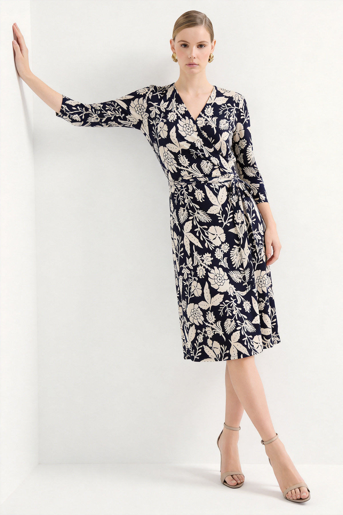 Black Silk Floral Print Knee-Length Wrap Dress