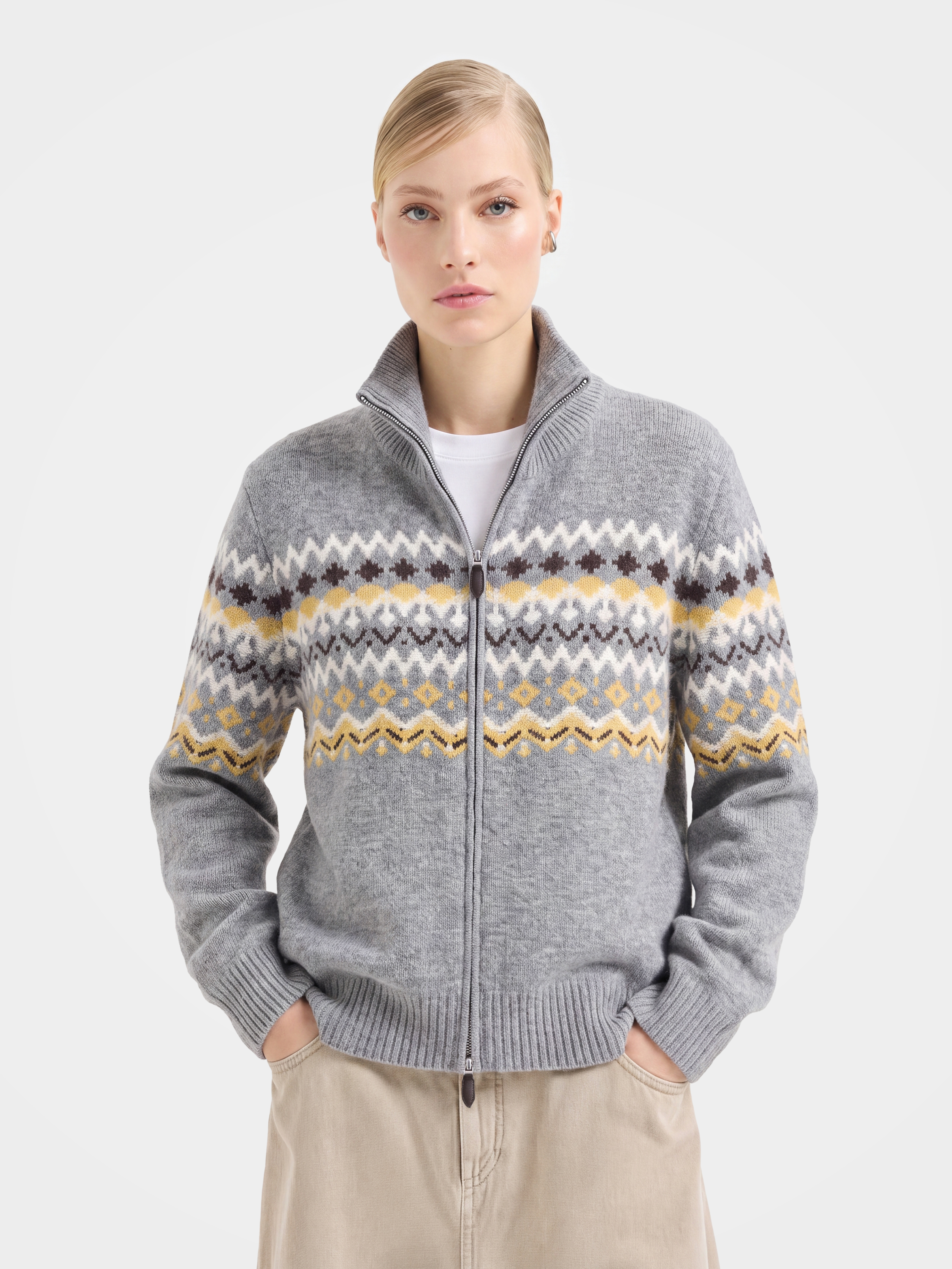 100% Cashmere Double-Sided Jacquard Zip Jacket