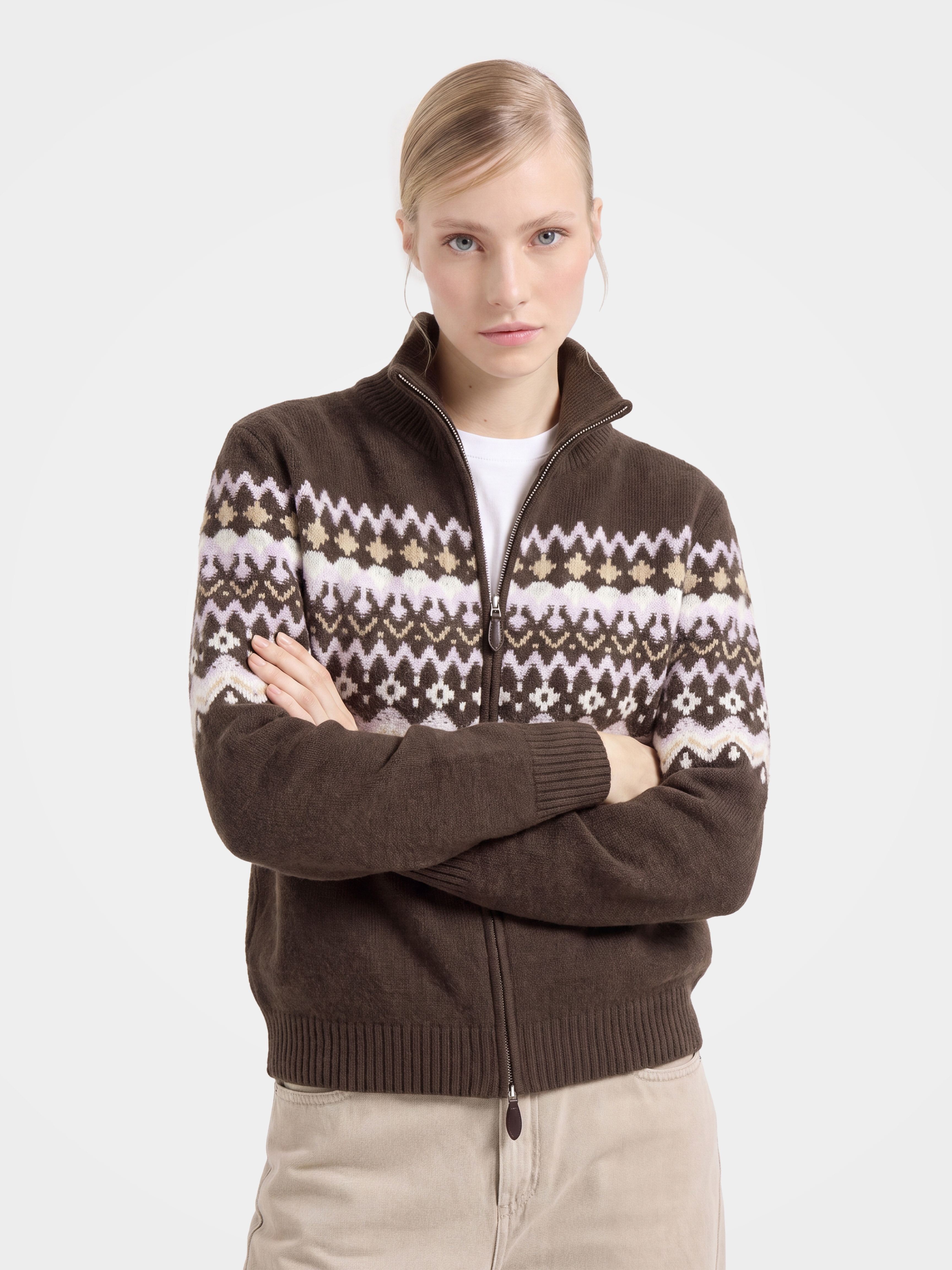 100% Cashmere Double-Sided Jacquard Zip Jacket