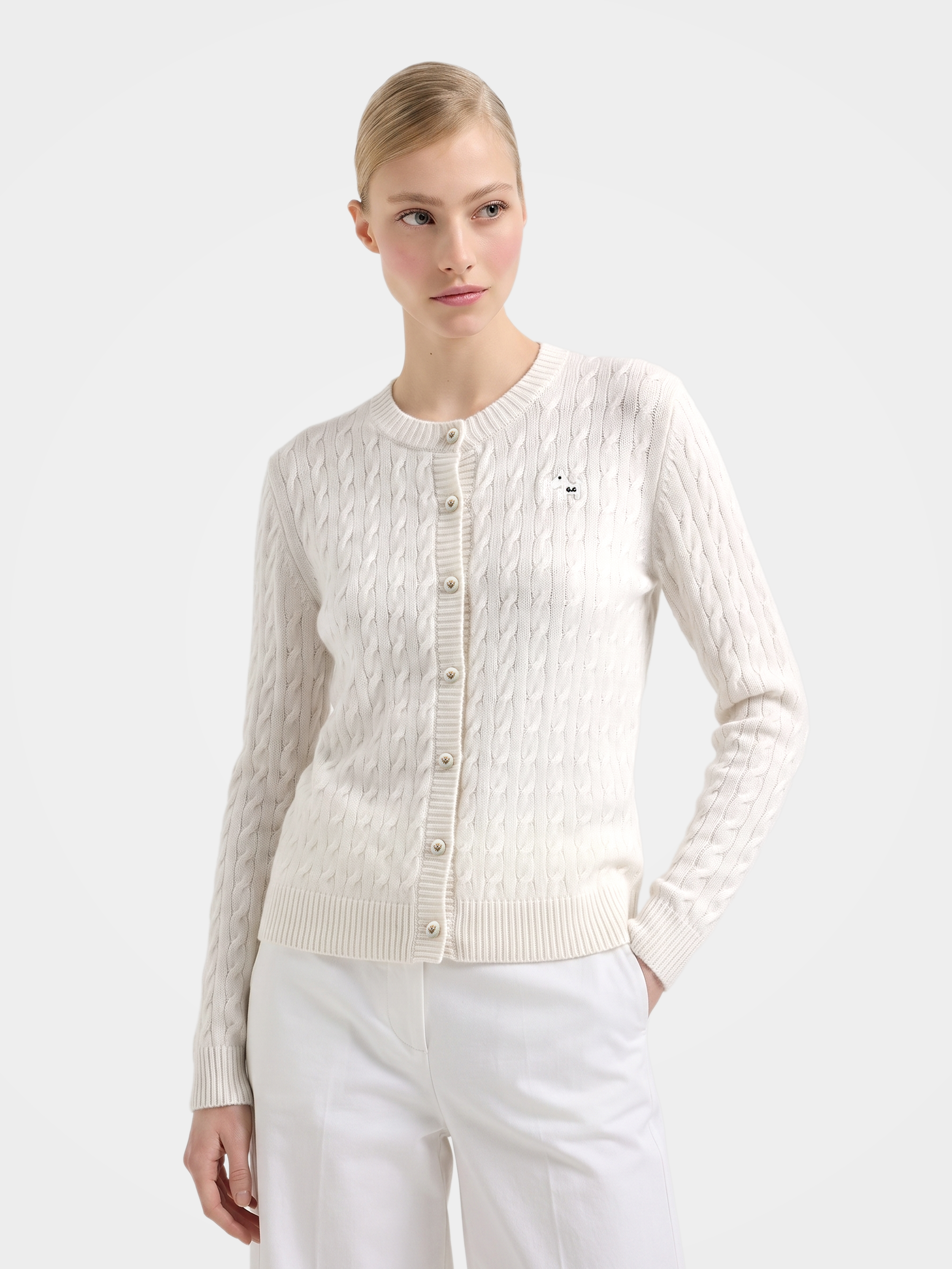 Textured 100% Mongolian Cashmere Crew Neck Cable Knit Cardigan