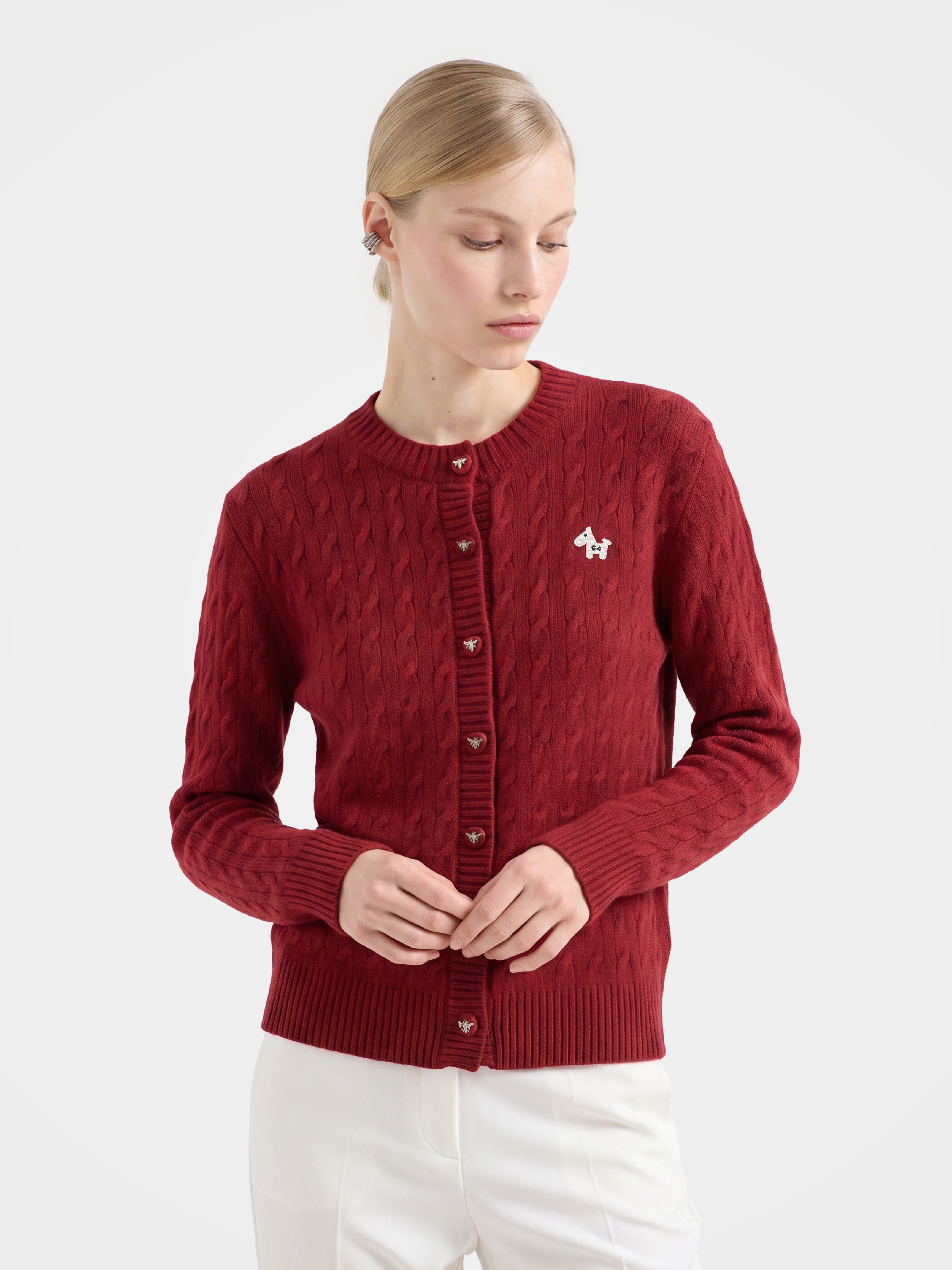 Textured 100% Mongolian Cashmere Crew Neck Cable Knit Cardigan