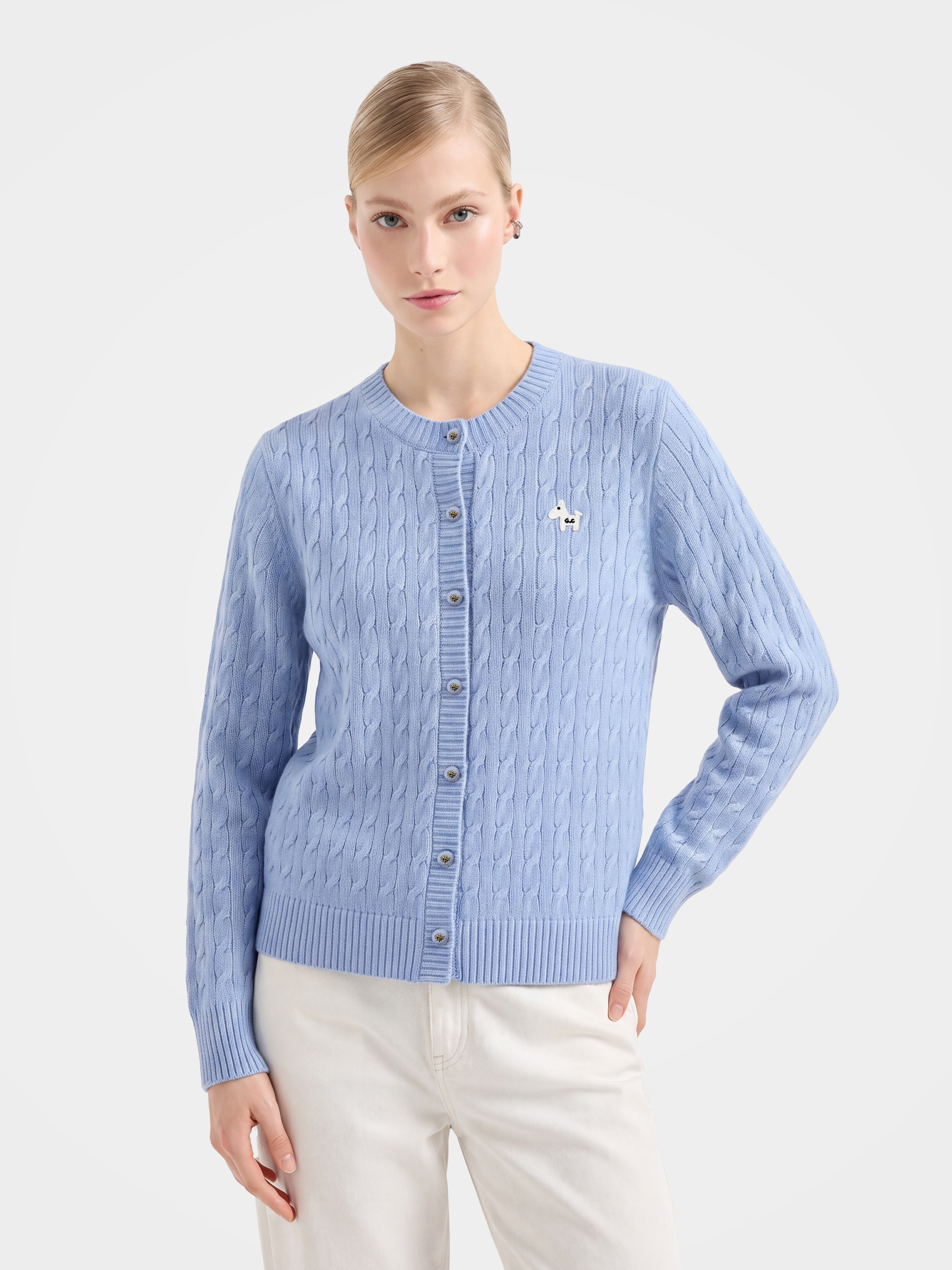 Textured 100% Mongolian Cashmere Crew Neck Cable Knit Cardigan