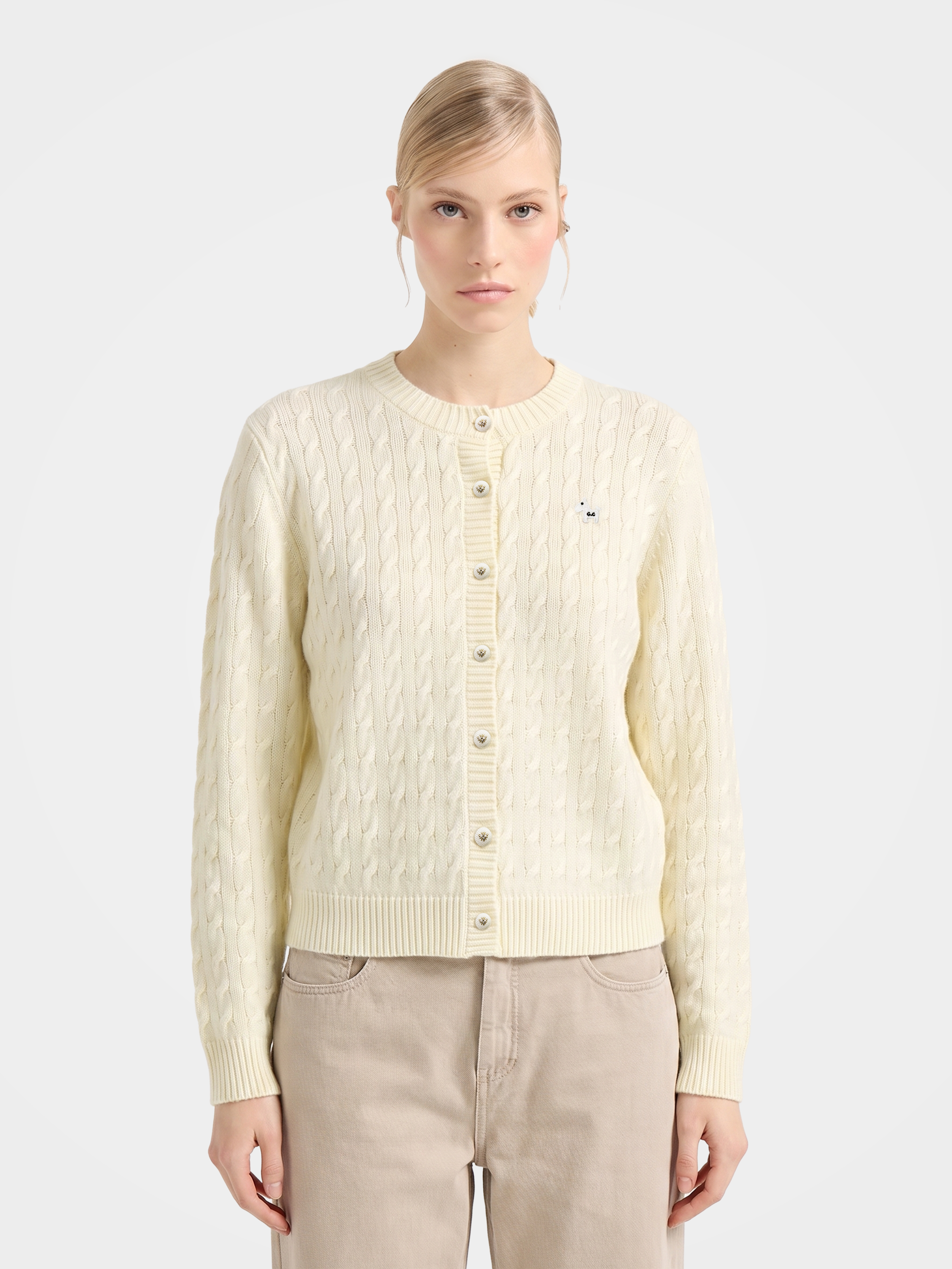 Textured 100% Mongolian Cashmere Crew Neck Cable Knit Cardigan