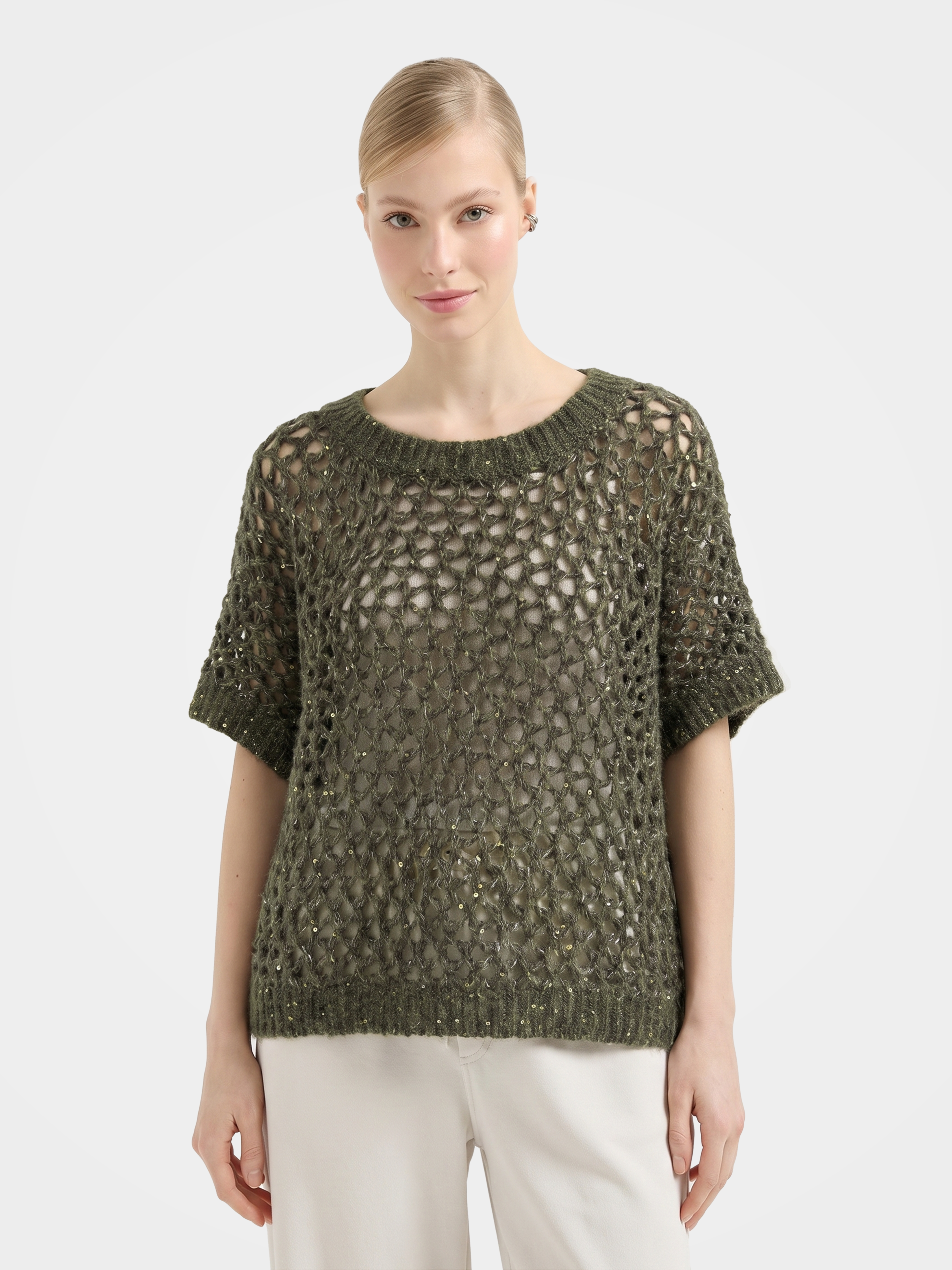 Mongolian Cashmere Silk Openwork Sequin Short Sleeve Top