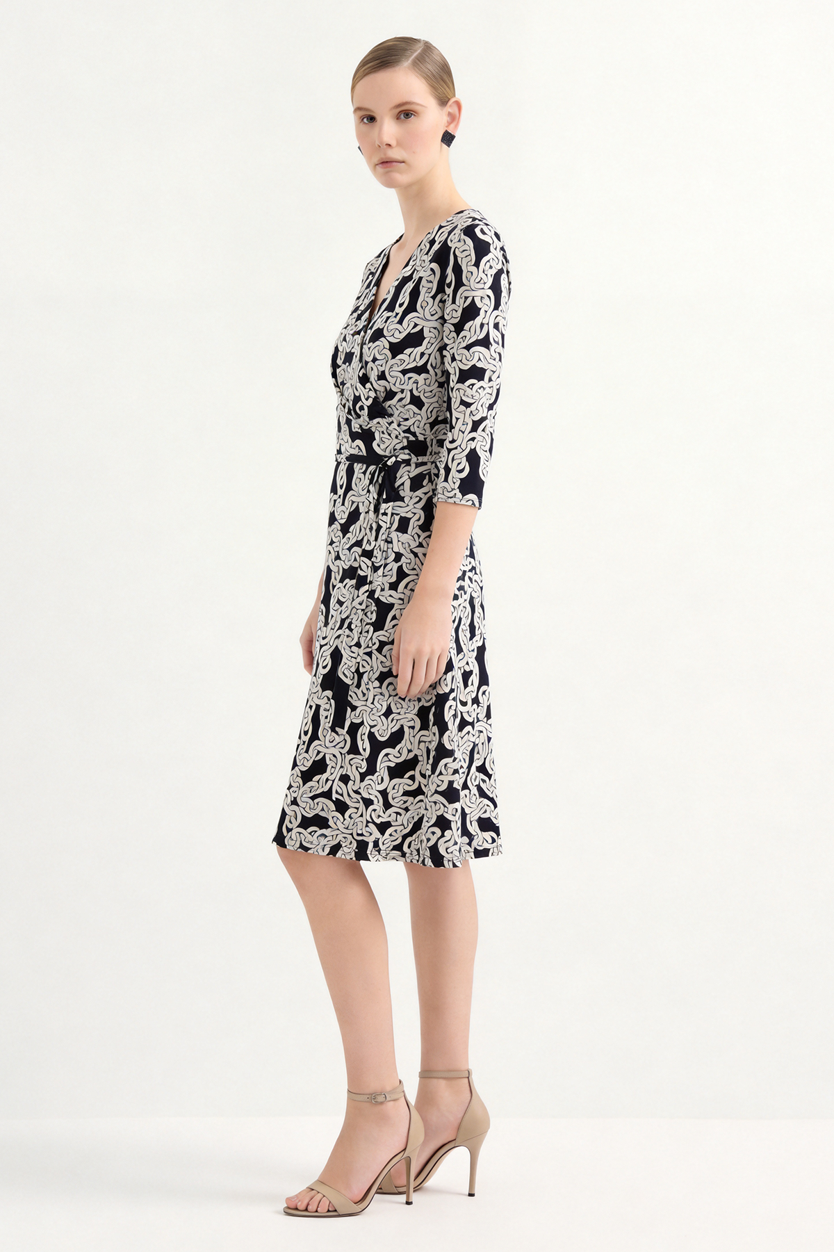 Black Silk Print Knee-Length Wrap Dress