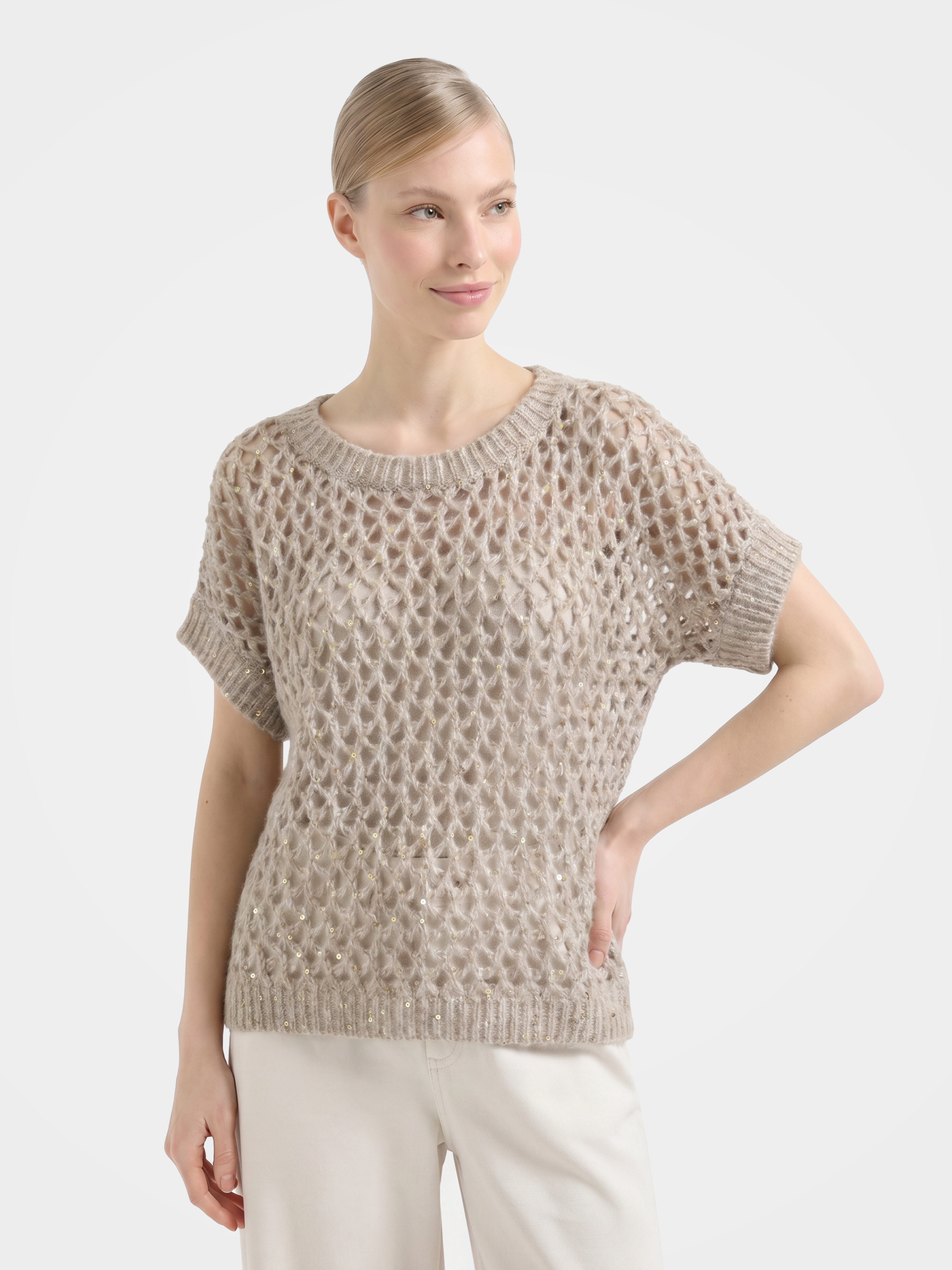 Mongolian Cashmere Silk Openwork Sequin Short Sleeve Top